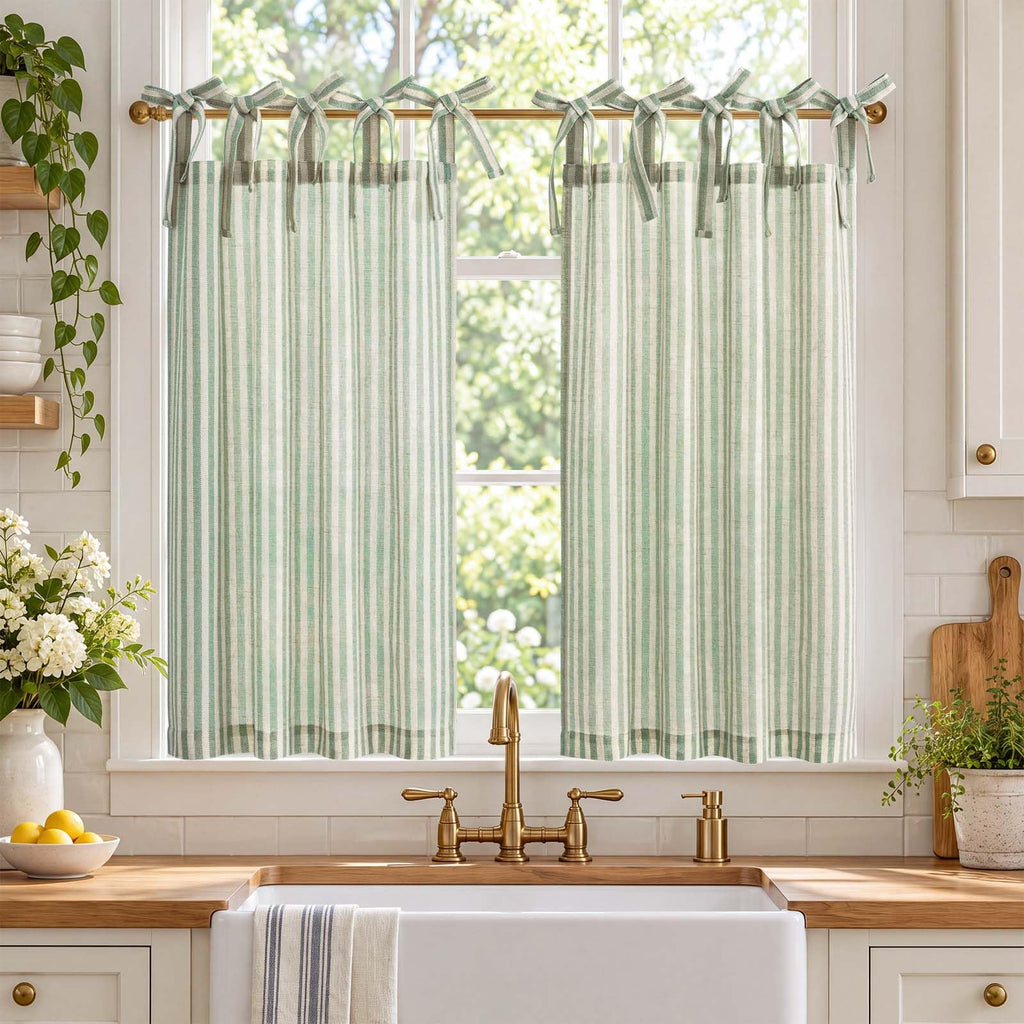 jinchan Striped Linen Kitchen Curtains 36 Inches Length Tier Curtains Farmhouse Modern Cafe Style Small Window Treatments Airy Light Filtering Rod Pocket for Living Room Bathroom 2 Panels Sage Green