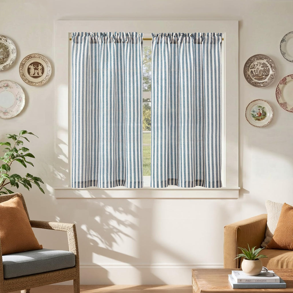 jinchan Striped Linen Kitchen Curtains 36 Inches Length Tier Curtains Farmhouse Modern Cafe Style Small Window Treatments Airy Light Filtering Rod Pocket for Living Room Bathroom 2 Panels Sage Green
