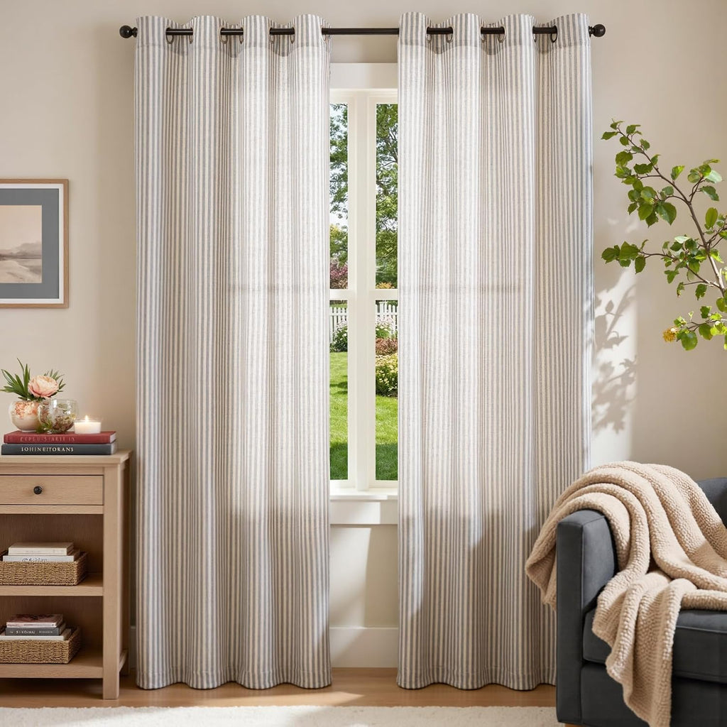 jinchan Linen Curtains 84 Inch Taupe Stripe on Linen Grommet 2 Panels