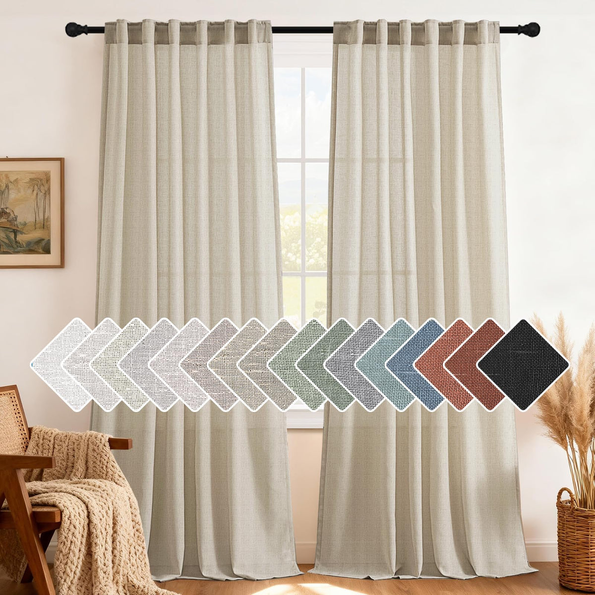 H.VERSAILTEX Natural Linen Grommet Curtains 84 Inch Length for Living Room 2 Panel Drape Semi Sheer Neutral Country Rustic Farmhouse Boho Curtain Bedroom Muslin Look Light Filtering, Heathered Natural