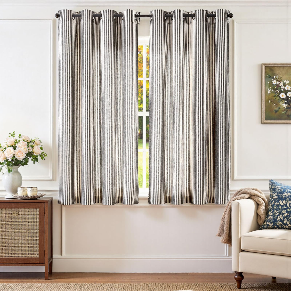 jinchan Linen Curtains 84 Inch Taupe Stripe on Linen Grommet 2 Panels