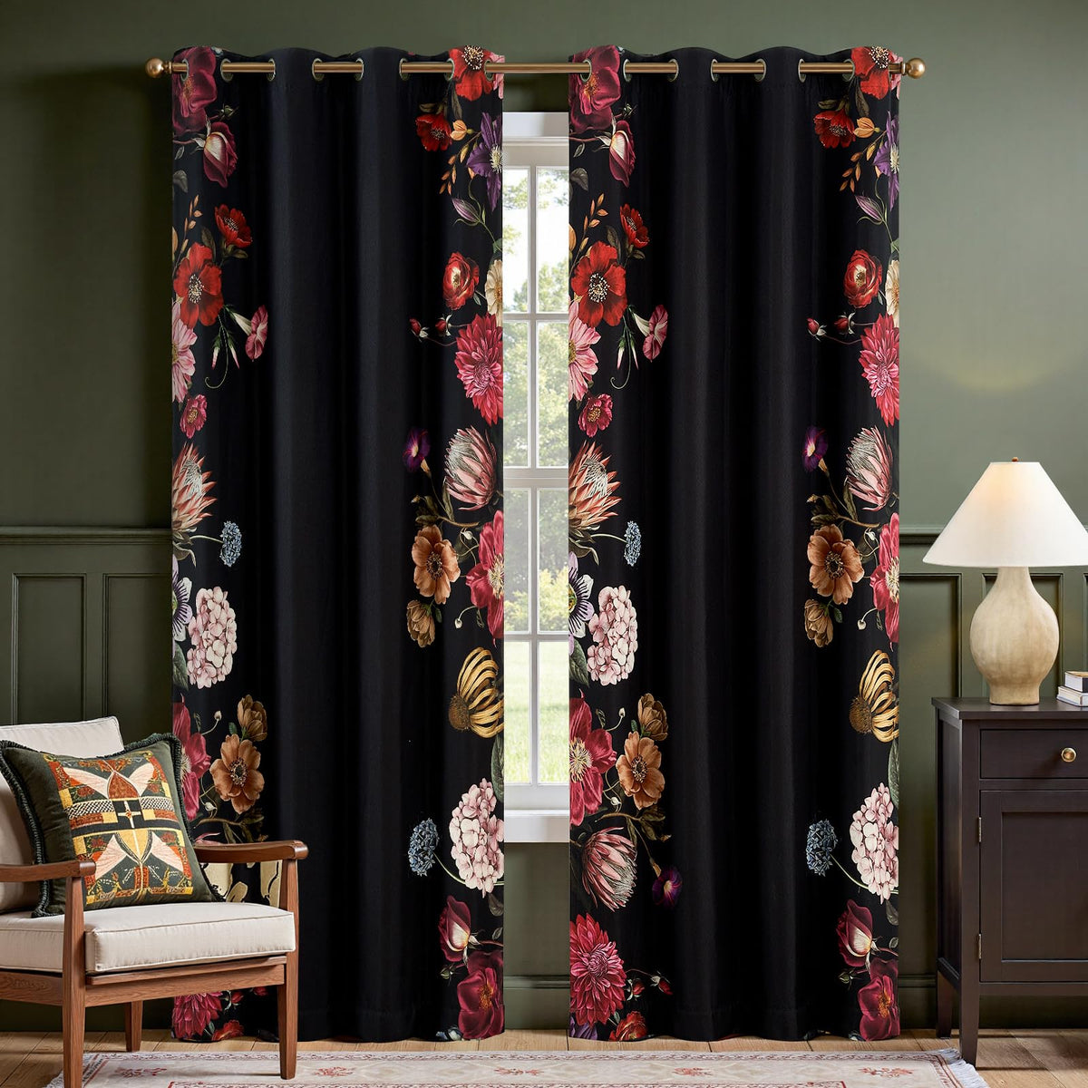 jinchan Black Boho Floral Blackout Curtains W100xL96 Grommet 1 Panel