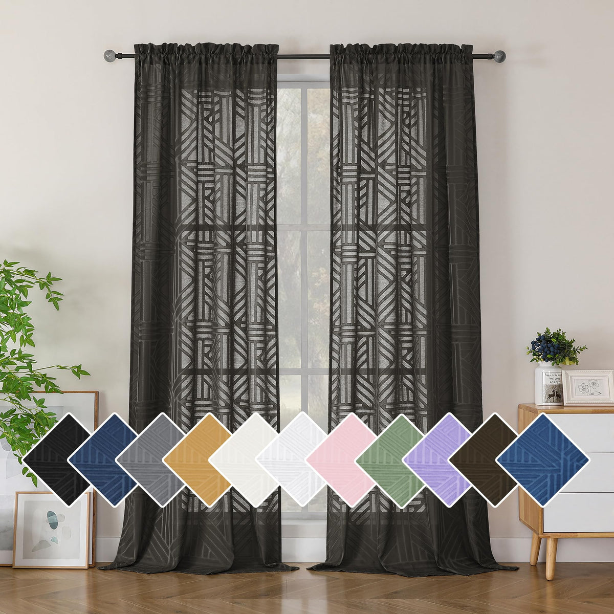 Simplebrand Dusty Blue Semi Sheer Curtains 45 Inch Length 2 Panels, Geometric Jacquard Clip Textured Short Sheer Curtains for Bedroom，Modern Elegant Window Curtains Drapes/Treatment Sheer，42x45 inch