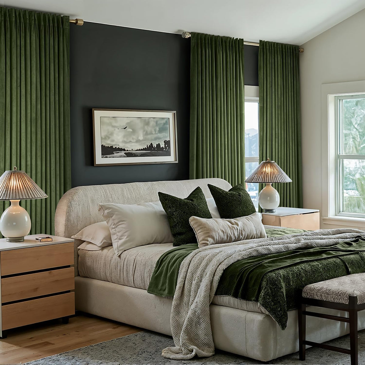 MIULEE Velvet Pinch Pleated Blackout Olive Green Curtains 40x96 Inches