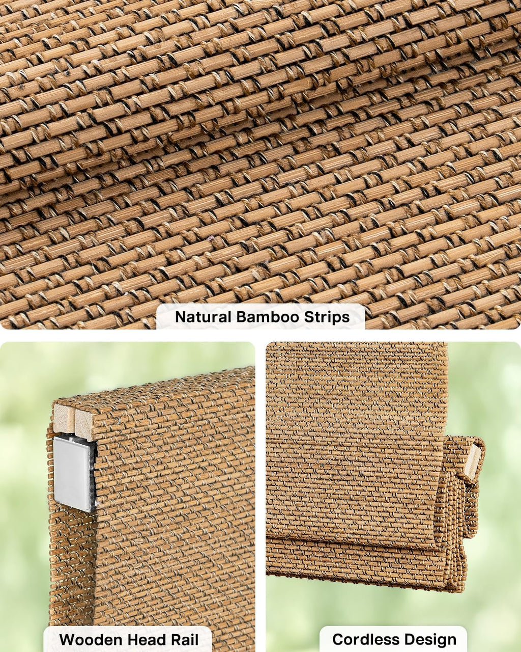 LazBlinds No Drill Bamboo Roman Shades, 22" W x 48" H, Star-Brown