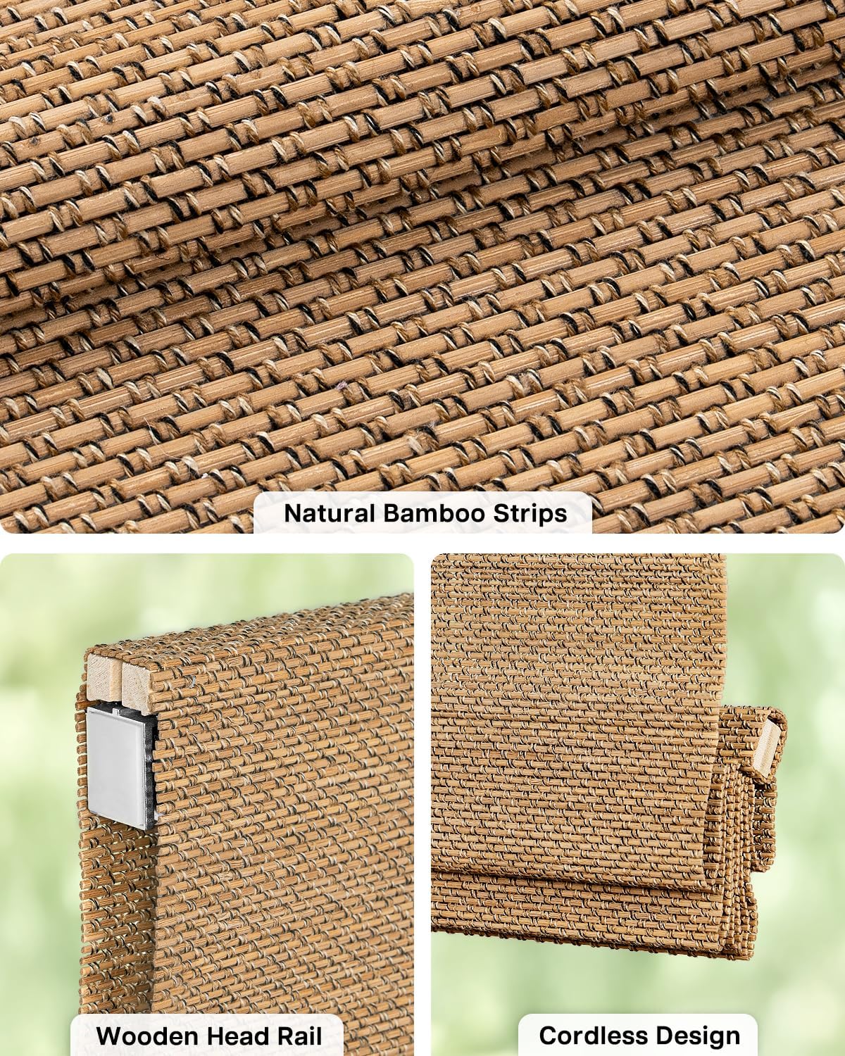 LazBlinds No Drill Bamboo Roman Shades, 22" W x 48" H, Star-Brown