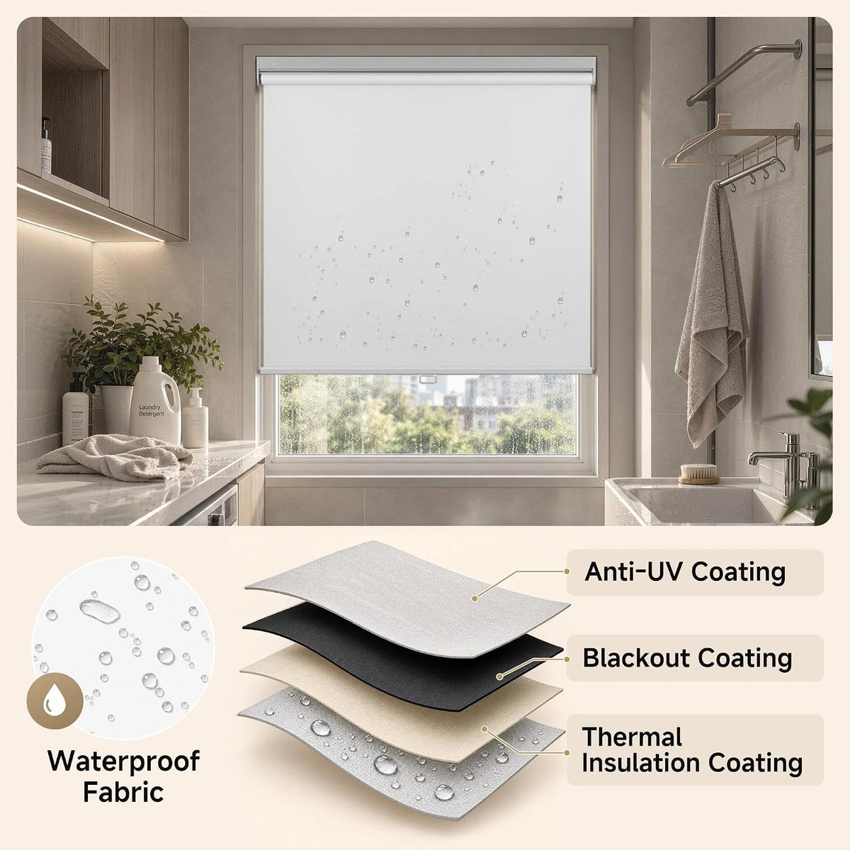 HESTIA No Drill Cordless Blackout Roller Shades Screwless Waterproof Shower Window Blinds, Auto-Retraction Easy Install Blind for Bathroom/Kitchen/Office/Exterior, White, 21" W x 54" H