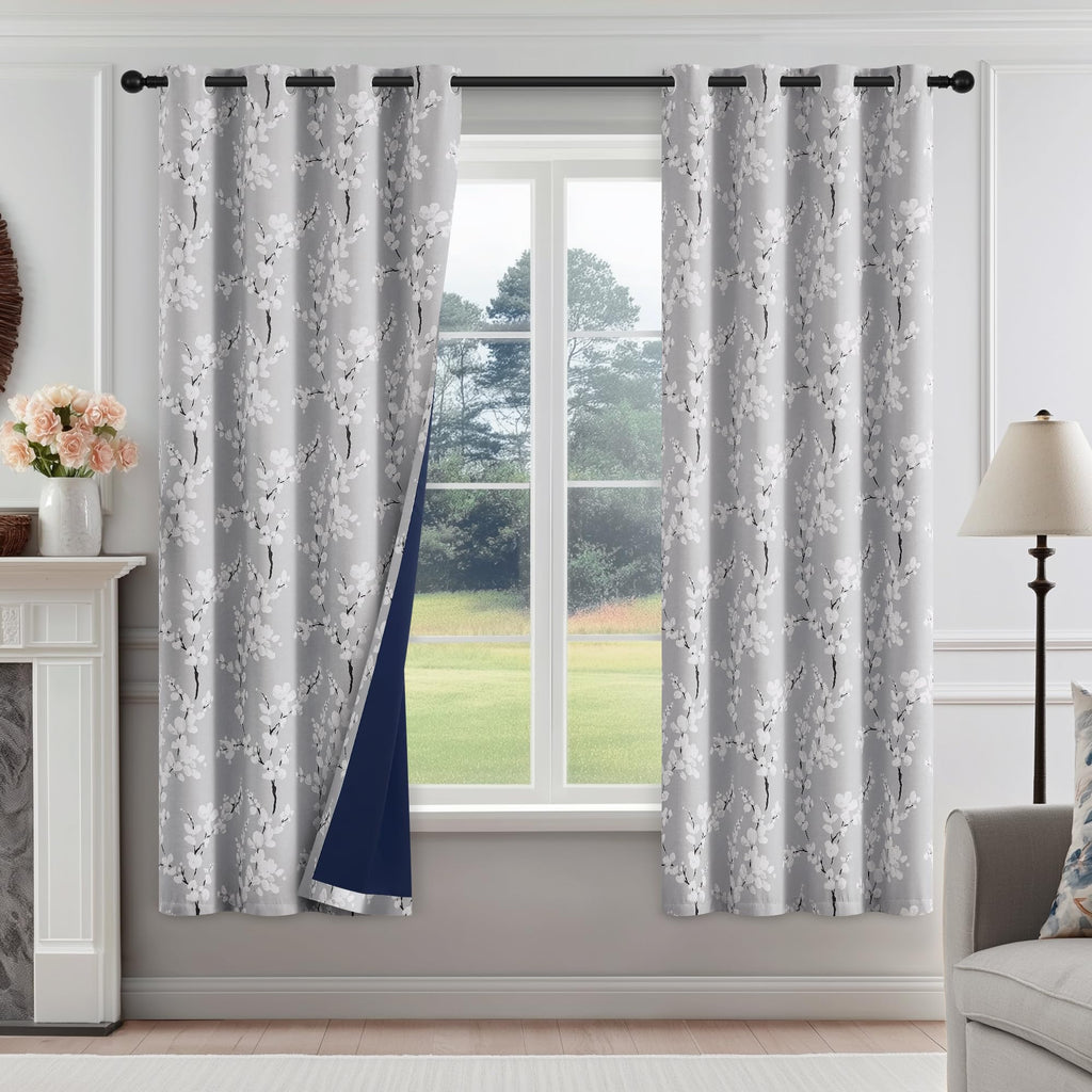 FMFUNCTEX Blue Blackout Floral Curtains, Bedroom, 100X84 Inches, 1 Panel