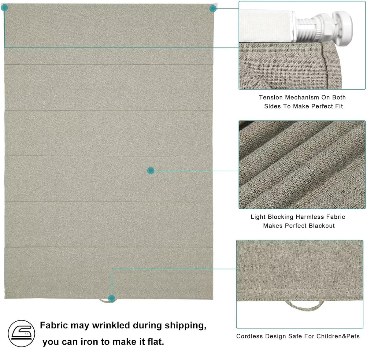 Changshade No Drill Roman Shades Cordless Blinds Blackout for Indoor Windows, Room Darkening Black Out Tension Rod No Hardware No Tools Inside Mount, Shade Size 27 Inches Wide 64 Inches High, Beige