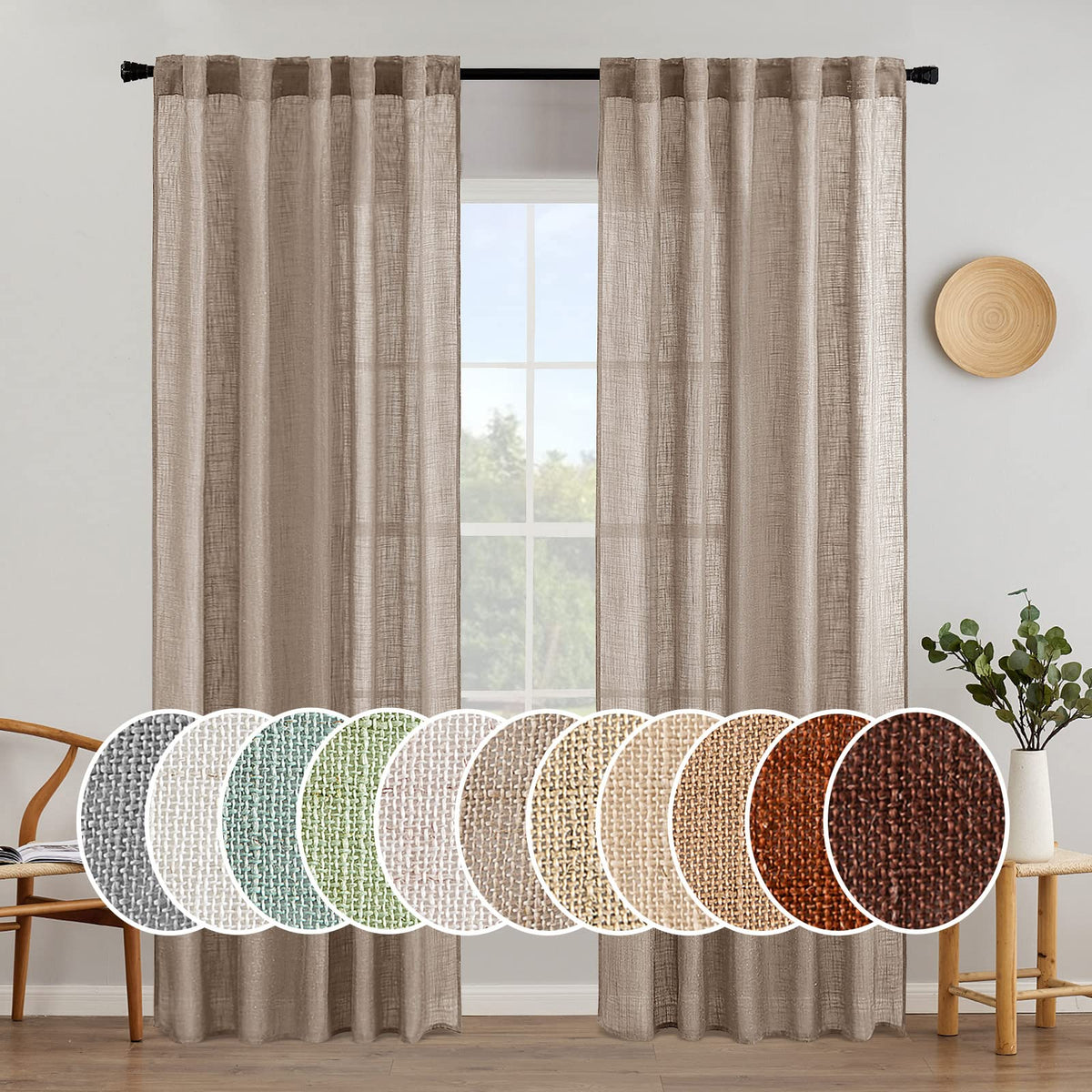 MIULEE Natural White Linen Curtains 52x96 Inch Long 2 Panels for Bedroom