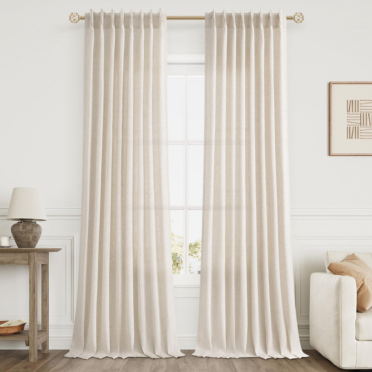 Aersas Linen Pinch Pleated Curtains 84 Inch Length 2 Panels Set for Living Room Cream Semi Sheer Window Curtain for Bedroom Boho Farmhouse Neutral Back Tab Drape Decor with Hooks, Natural Beige Ivory