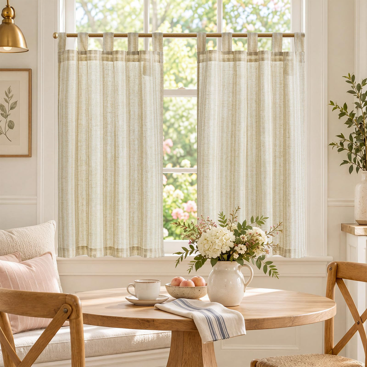 jinchan Striped Linen Kitchen Curtains 36 Inches Length Tier Curtains Farmhouse Modern Cafe Style Small Window Treatments Airy Light Filtering Rod Pocket for Living Room Bathroom 2 Panels Sage Green