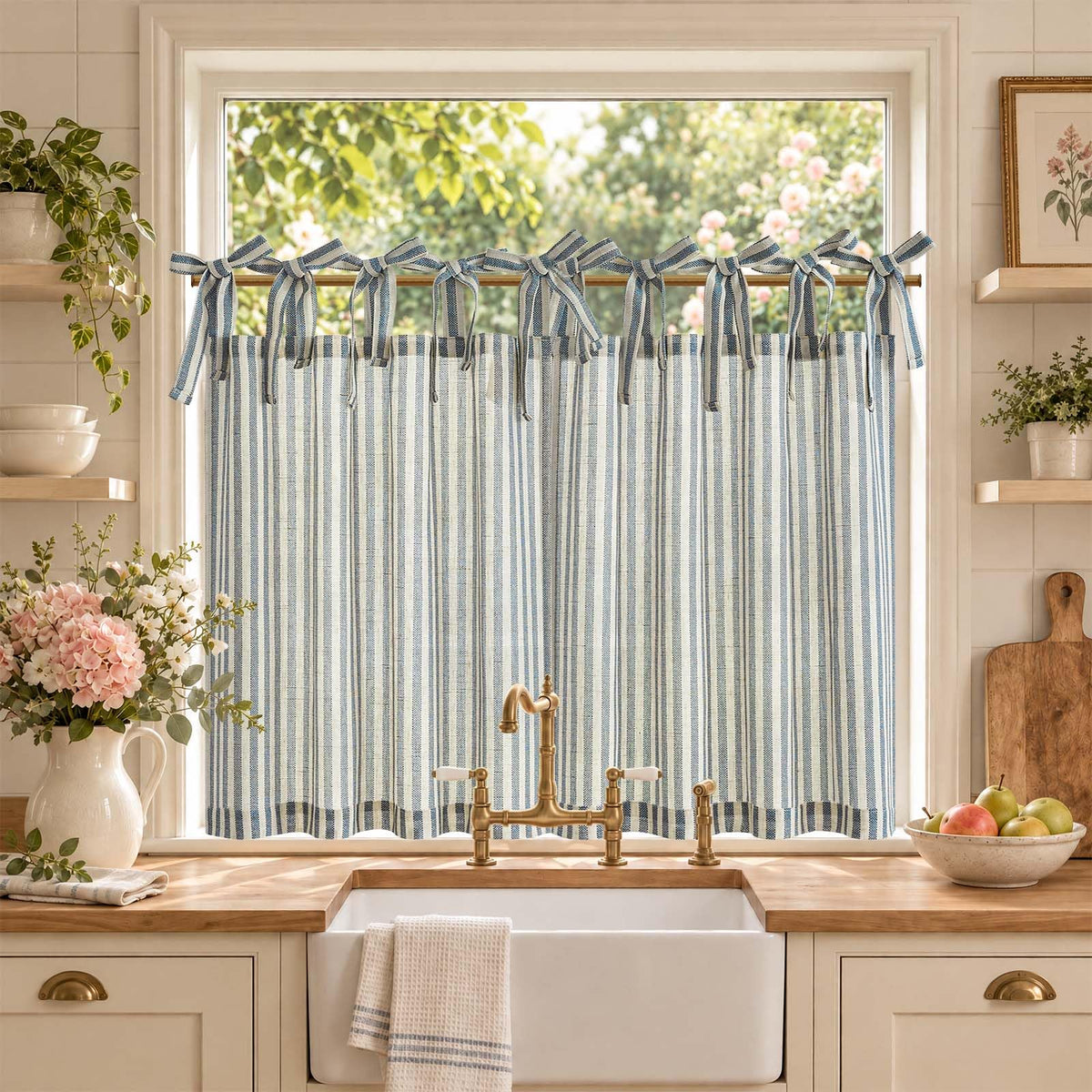jinchan Striped Linen Kitchen Curtains 36 Inches Length Tier Curtains Farmhouse Modern Cafe Style Small Window Treatments Airy Light Filtering Rod Pocket for Living Room Bathroom 2 Panels Sage Green