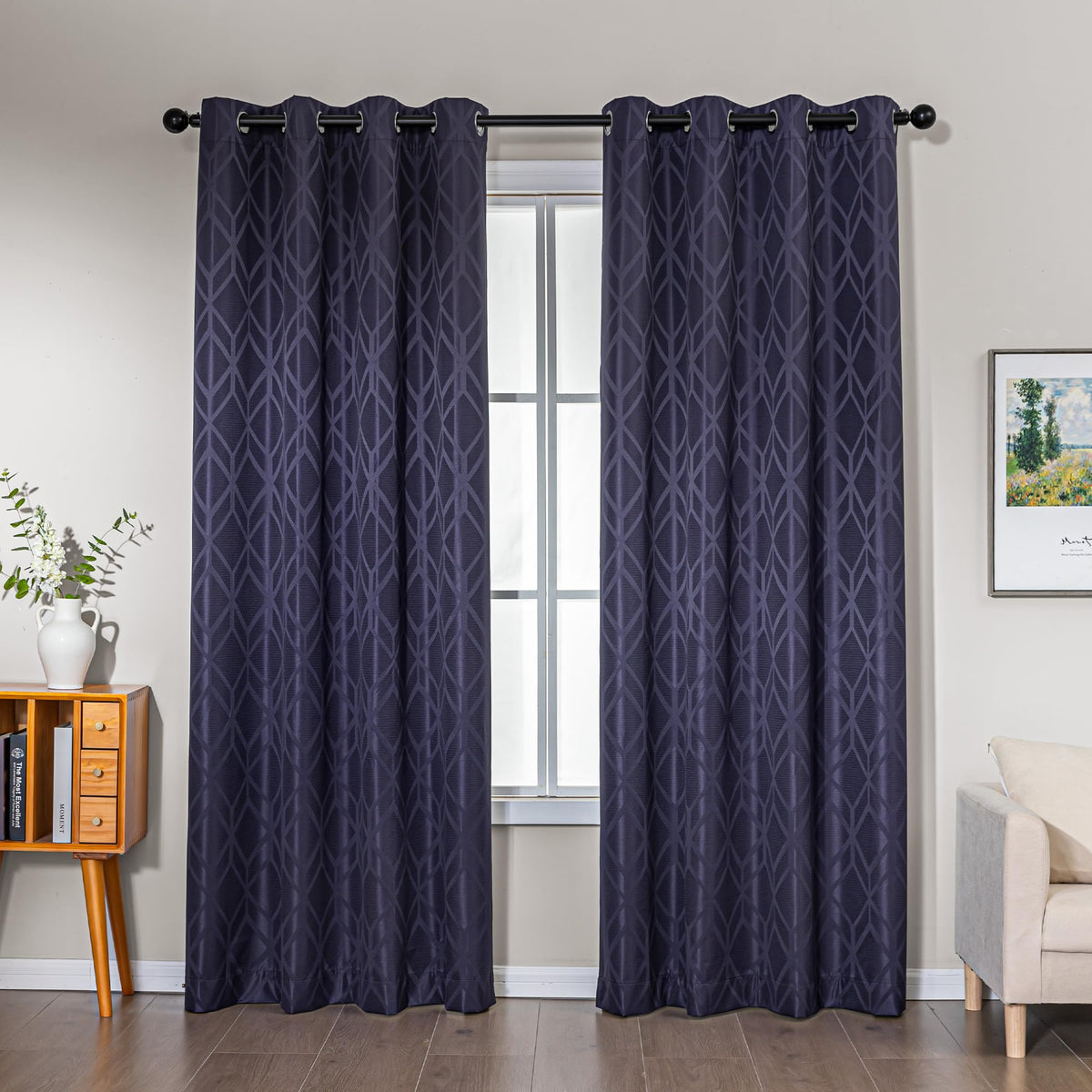 Amazon Basics Jacquard 2-Piece 100% Blackout Curtains, Living Room and Bedroom Drapes, Thermal Insulated Window Treatment, 52"x84", Beige