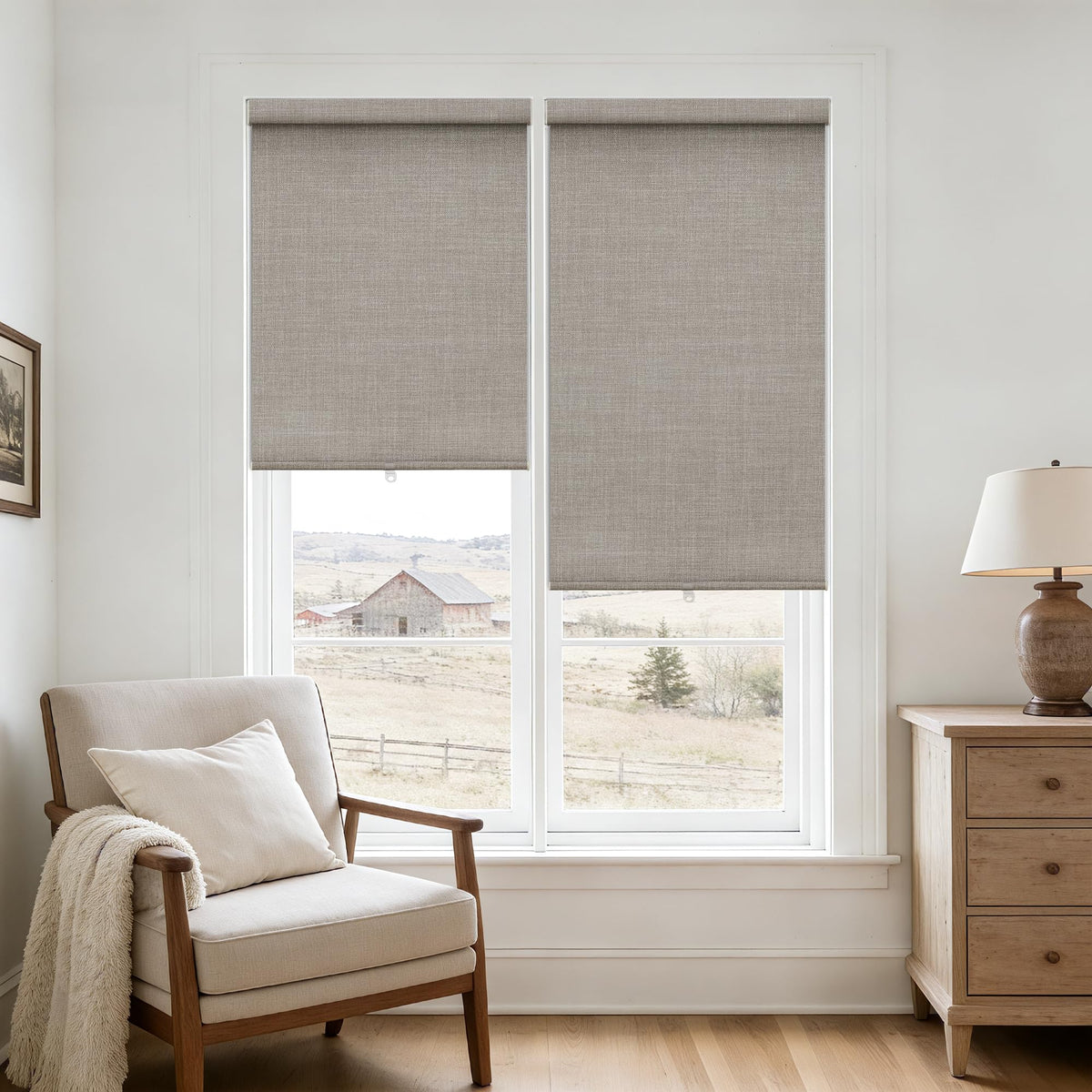 Blackout Roller Shades for Bedroom Window Cordless Free-Stop Blinds with Valance UV Protection 100% Black Out Linen Shades Blinds for Indoor Bathroom Windows Living Room Beige Oatmeal 34" W x 72" H