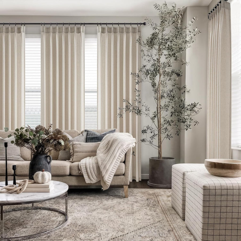 Topfinel Oatmeal Beige Pinch Pleated Curtains 84 Inches Long for Living Room 2 Panels Sets,Stone Washed Linen Earth Tone Decor Back Tab Boho Neutral Greige Earthy Sheer Curtain for Bedroom