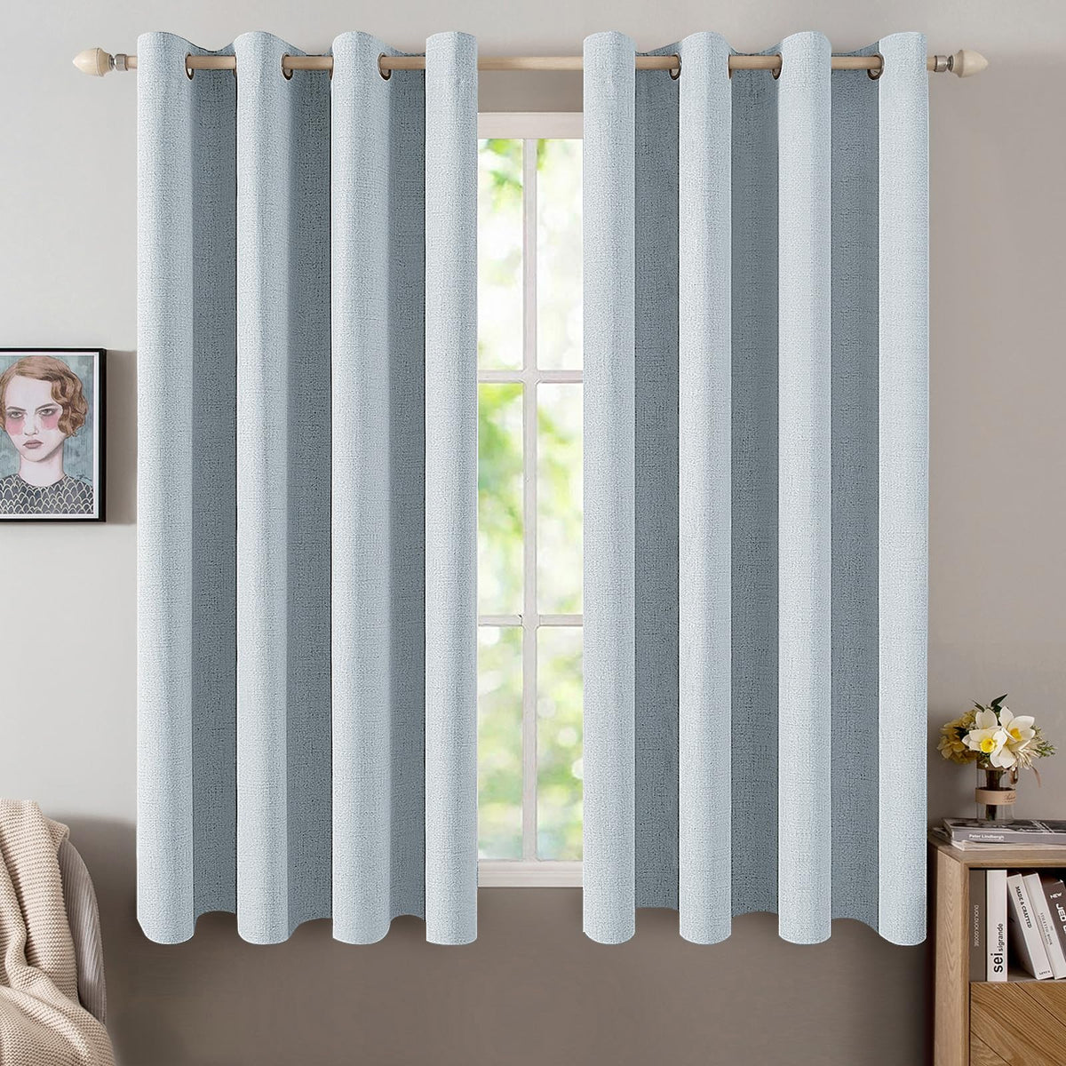 MIULEE 100% Blackout Linen Curtains for Bedroom 52x84 Inches Dusty Blue