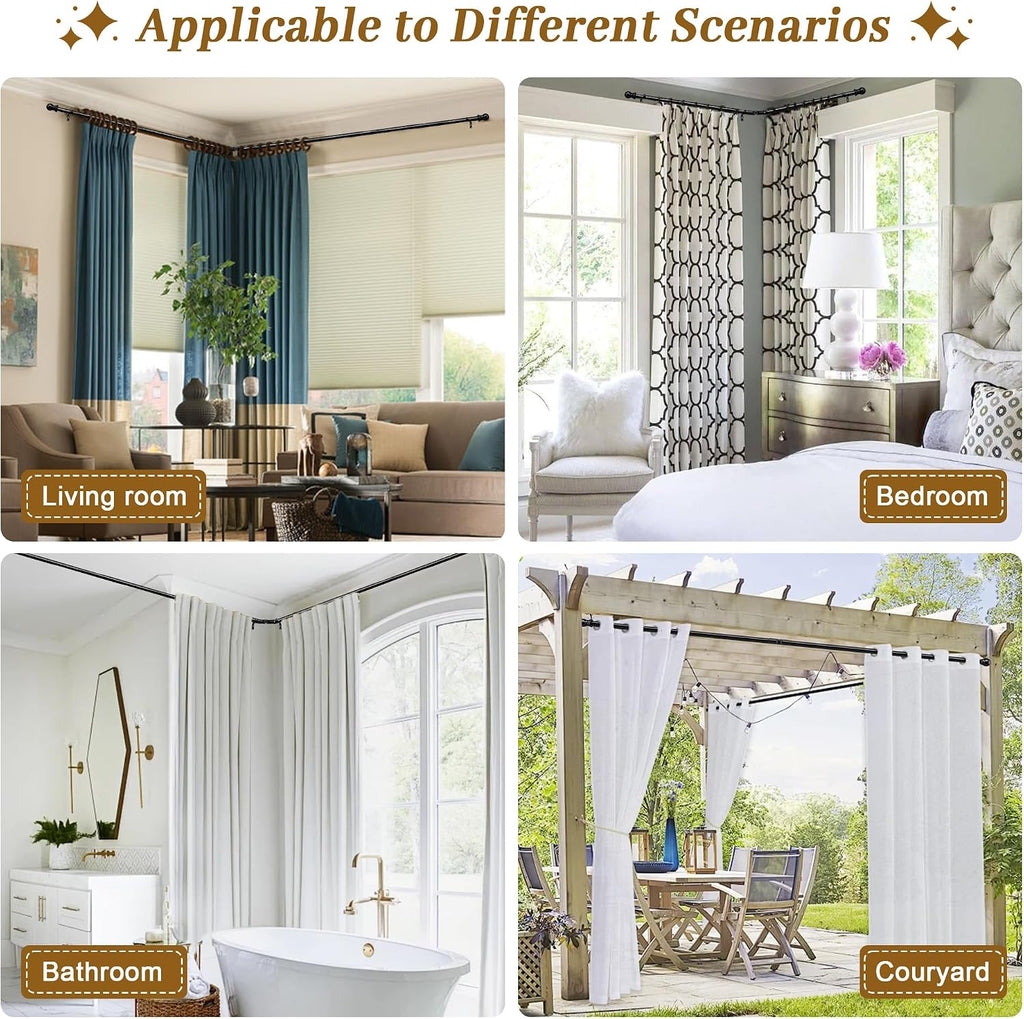 Corner Curtain Rod for Windows 30 to 136 Inches, L-shaped Curved Heavy Duty Corner Window Curtain Rods, Adjustable Renter Friendly 1 Inch Black Drapery Rods for Bedroom Living Room