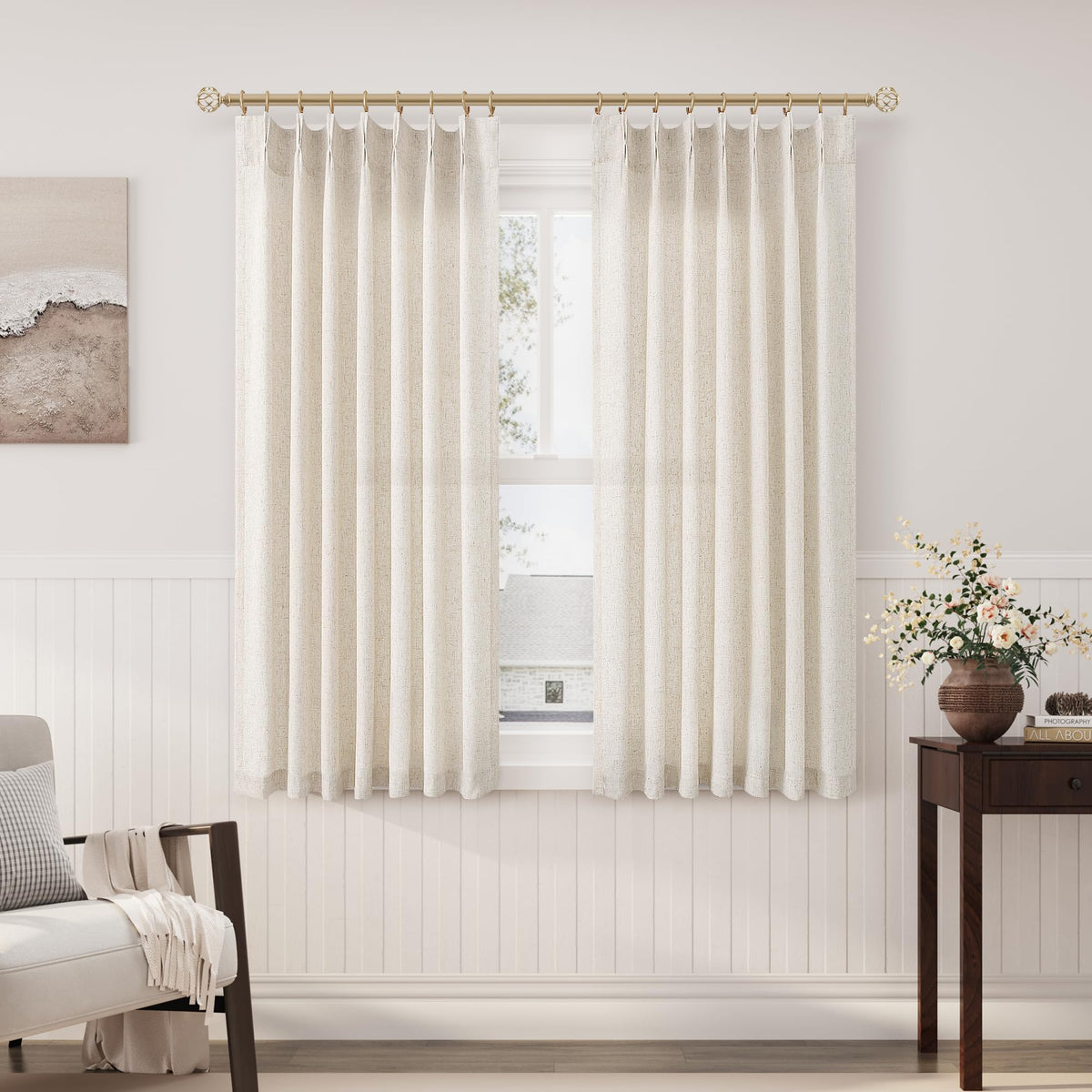 Aersas Linen Pinch Pleated Curtains 84 Inch Length 2 Panels Set for Living Room Cream Semi Sheer Window Curtain for Bedroom Boho Farmhouse Neutral Back Tab Drape Decor with Hooks, Natural Beige Ivory