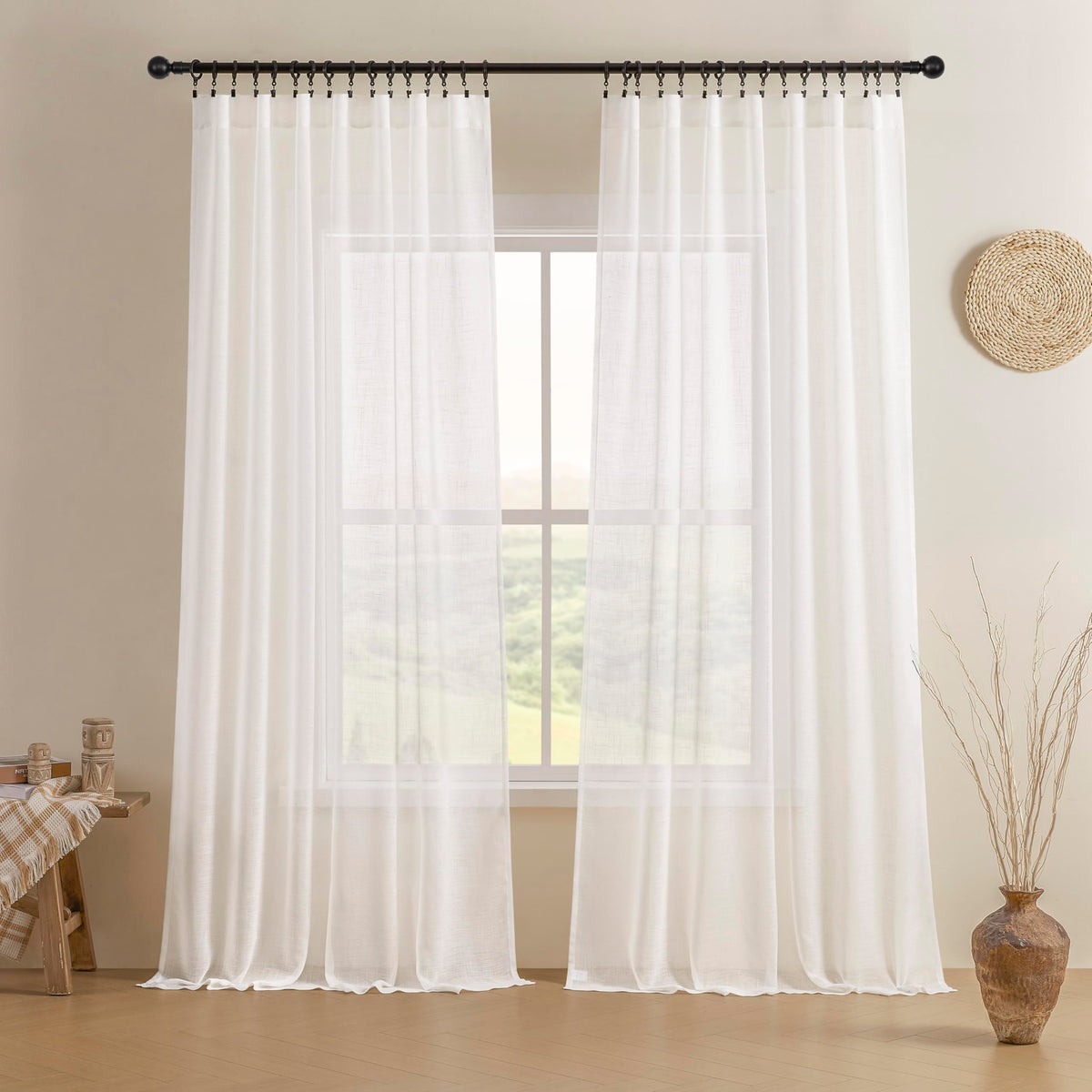 Joydeco Linen Curtains 84 Inch Length 2 Panels,Light Filtering Drapes 52 Inches Wide with Back Tab Rod Pockets (84" L x 52" W, Ivory on Linen)
