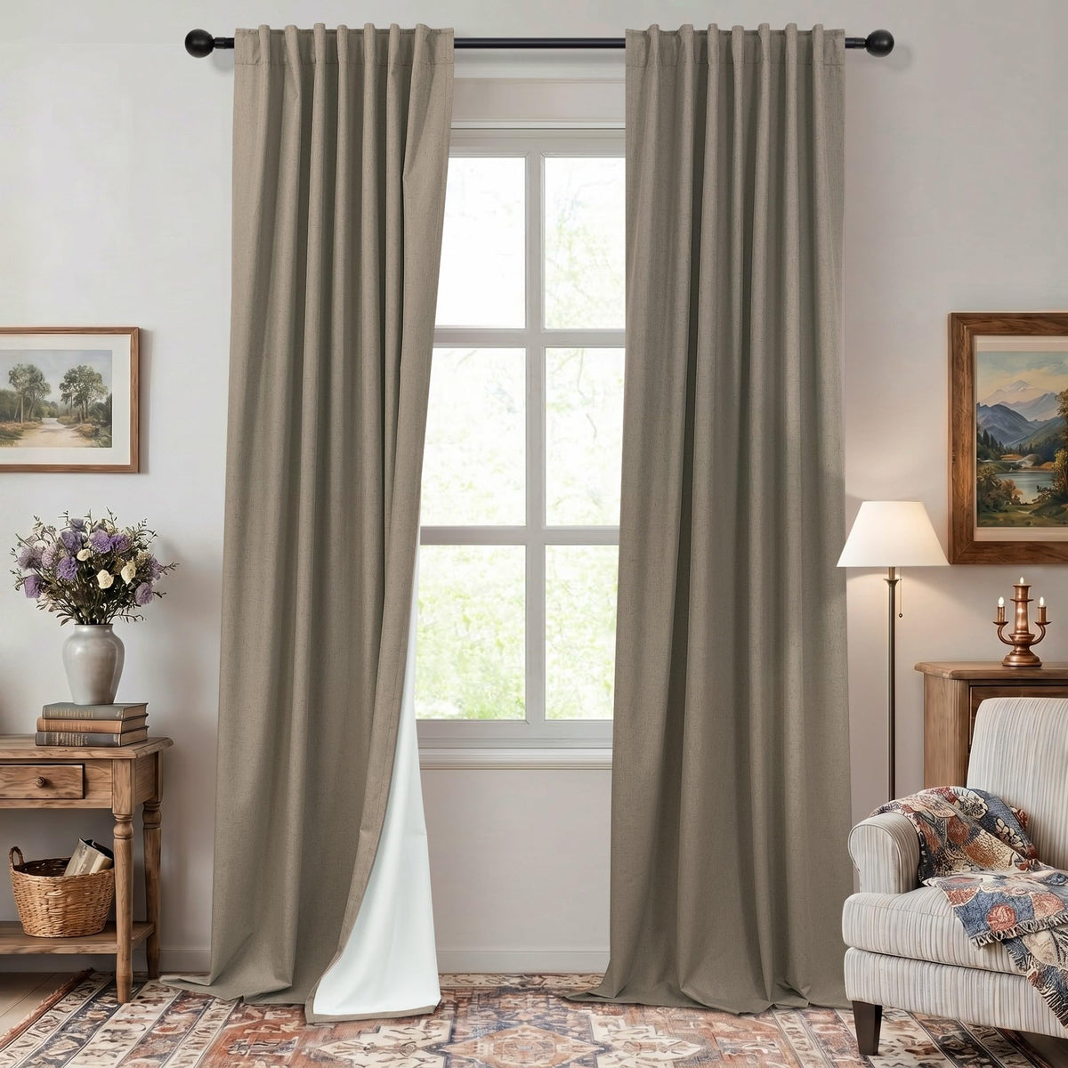 Natural Linen Back Tab Blackout Curtains & Drapes 96 Inch Long for Bedroom Livingroom Farmhouse Curtain 2 Panel Neutral Cute Black Out Room Darkening Thermal Insulated 8ft Pleated Window Curtain Cream