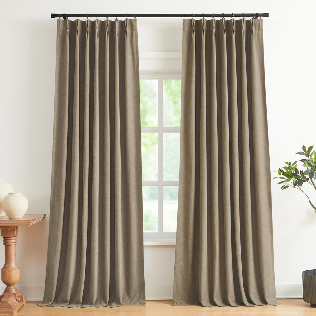 Vision Home Natural Pinch Pleated Full Blackout Curtains Linen Blended Room Darkening Window Curtains 108 inch for Living Room Bedroom Thermal Insulated Pinch Pleat Drapes with Hooks 40" Wx108 Lx2