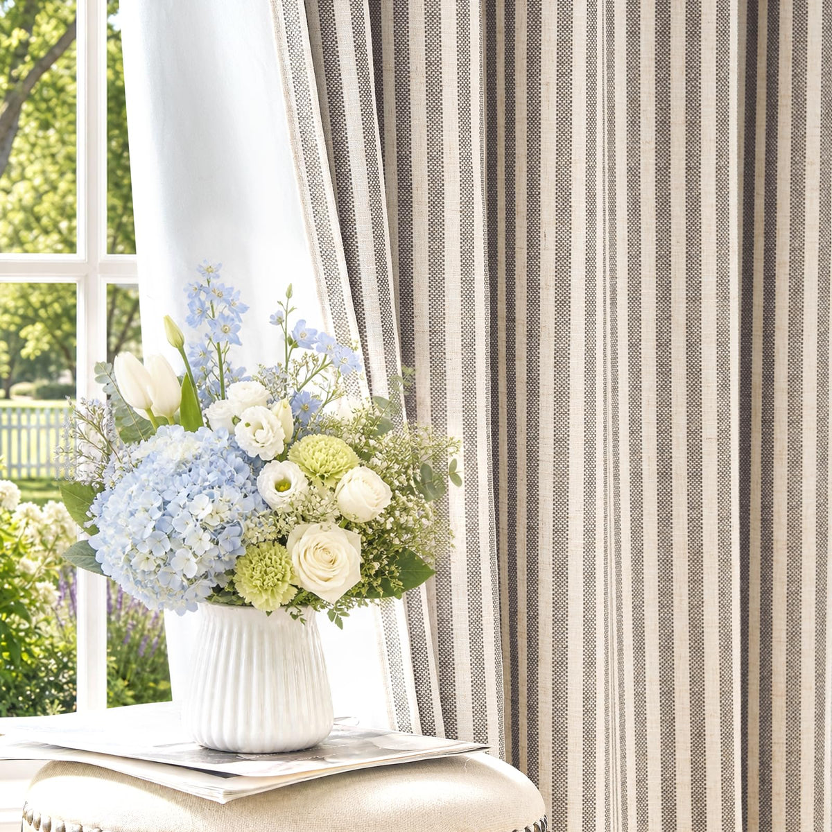 jinchan Linen Curtains 84 Inch Taupe Stripe on Linen Grommet 2 Panels