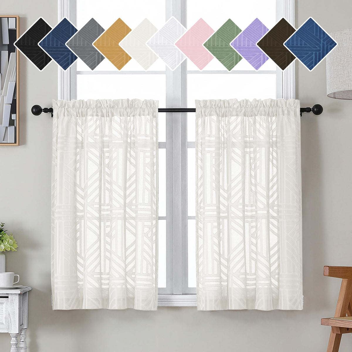 Simplebrand Dusty Blue Semi Sheer Curtains 45 Inch Length 2 Panels, Geometric Jacquard Clip Textured Short Sheer Curtains for Bedroom，Modern Elegant Window Curtains Drapes/Treatment Sheer，42x45 inch