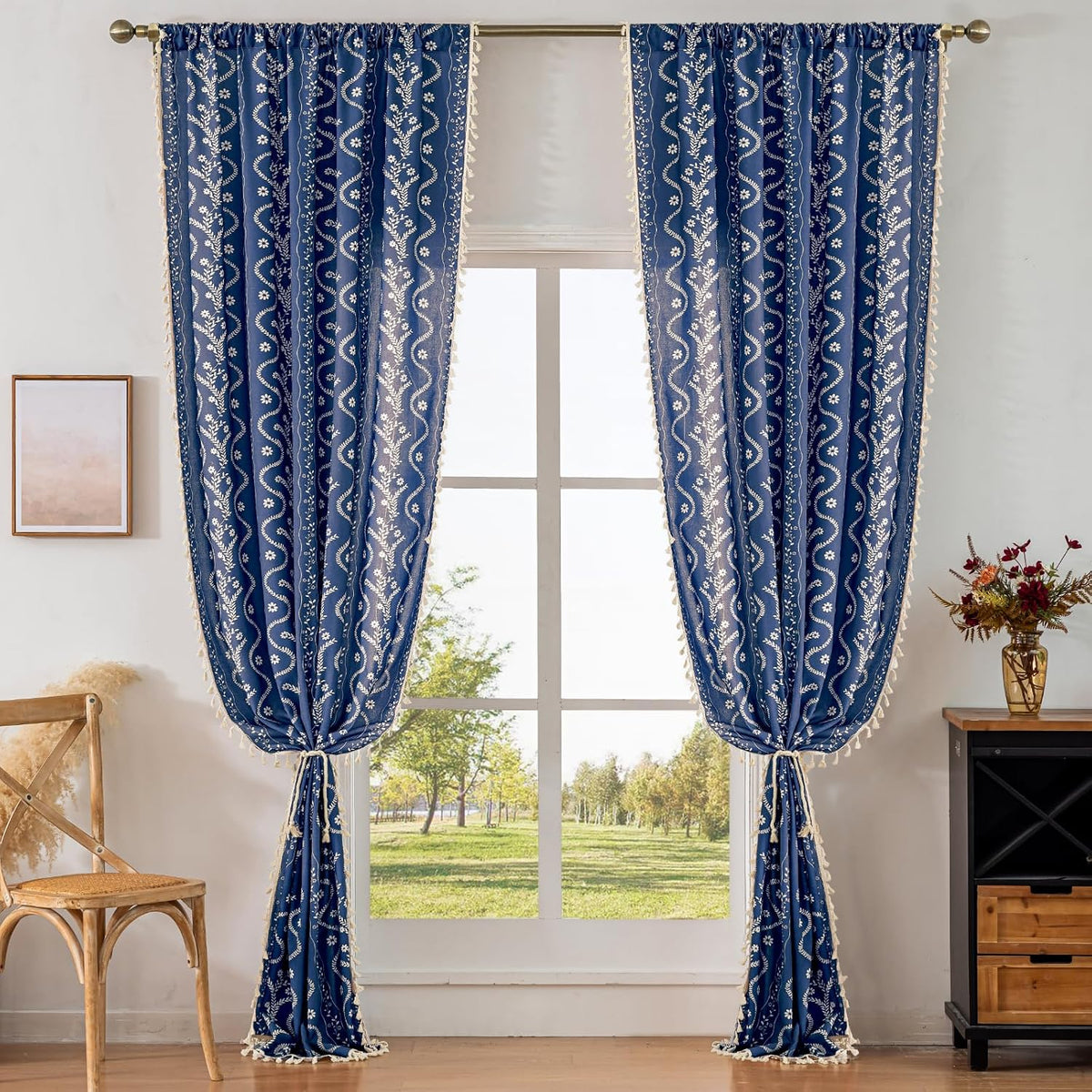 Navy Blue Boho Curtains 72 Inch Long for Living Room, Bedroom, 2 Panels Floral Farmhouse Vintage Tassel Semi Sheer Light Filtering Privacy Window Curtain Drapes with Rod Pocket, Navy Blue