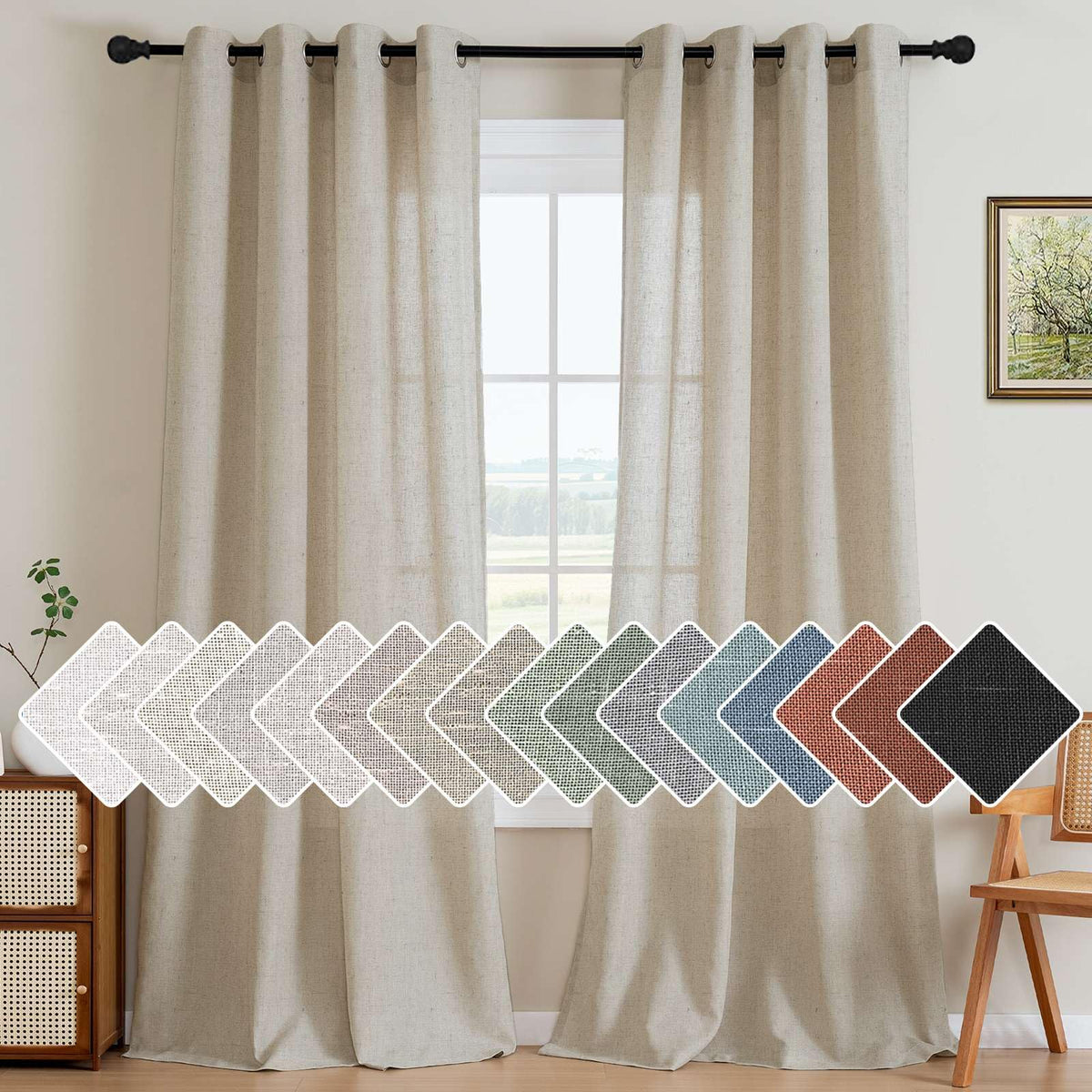H.VERSAILTEX Natural Linen Grommet Curtains 84 Inch Length for Living Room 2 Panel Drape Semi Sheer Neutral Country Rustic Farmhouse Boho Curtain Bedroom Muslin Look Light Filtering, Heathered Natural