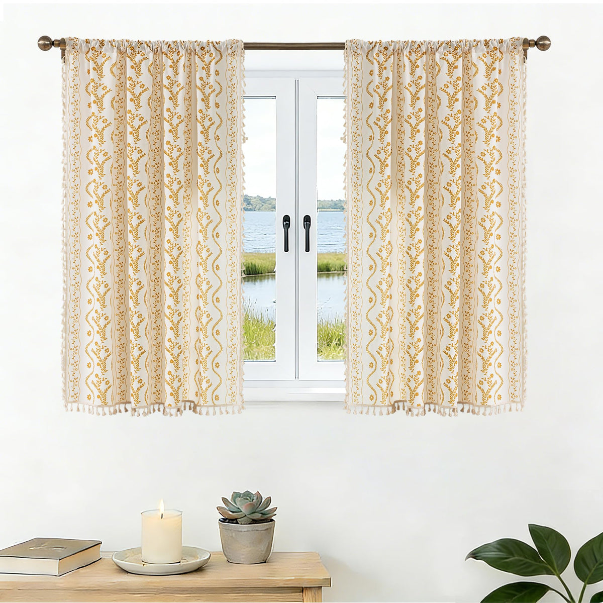 Navy Blue Boho Curtains 72 Inch Long for Living Room, Bedroom, 2 Panels Floral Farmhouse Vintage Tassel Semi Sheer Light Filtering Privacy Window Curtain Drapes with Rod Pocket, Navy Blue