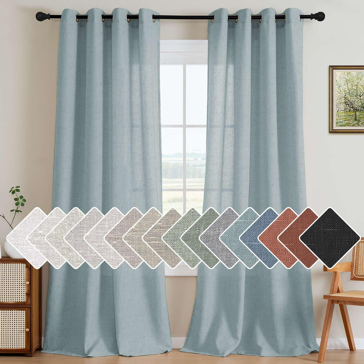 H.VERSAILTEX Natural Linen Grommet Curtains 84 Inch Length for Living Room 2 Panel Drape Semi Sheer Neutral Country Rustic Farmhouse Boho Curtain Bedroom Muslin Look Light Filtering, Heathered Natural