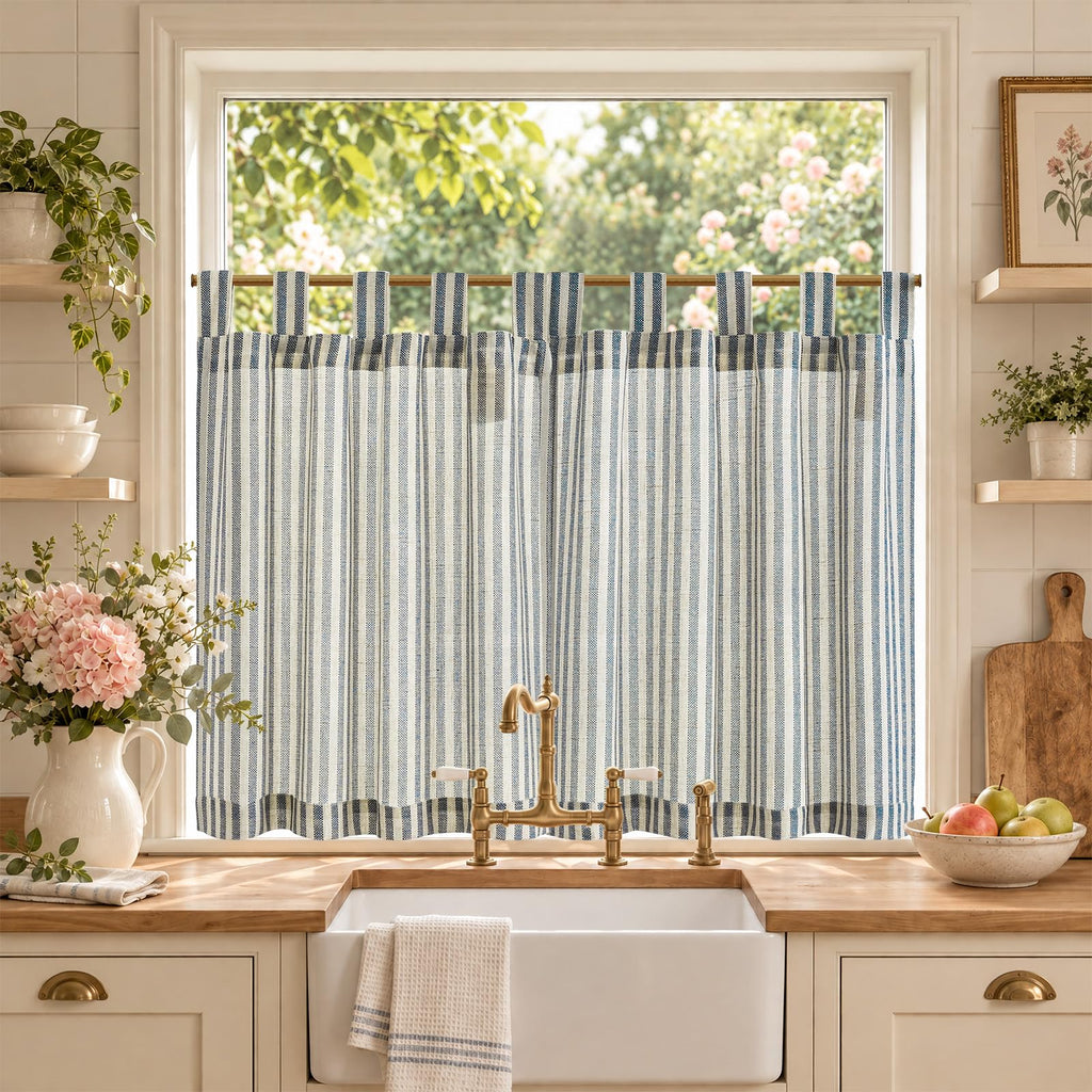 jinchan Striped Linen Kitchen Curtains 36 Inches Length Tier Curtains Farmhouse Modern Cafe Style Small Window Treatments Airy Light Filtering Rod Pocket for Living Room Bathroom 2 Panels Sage Green