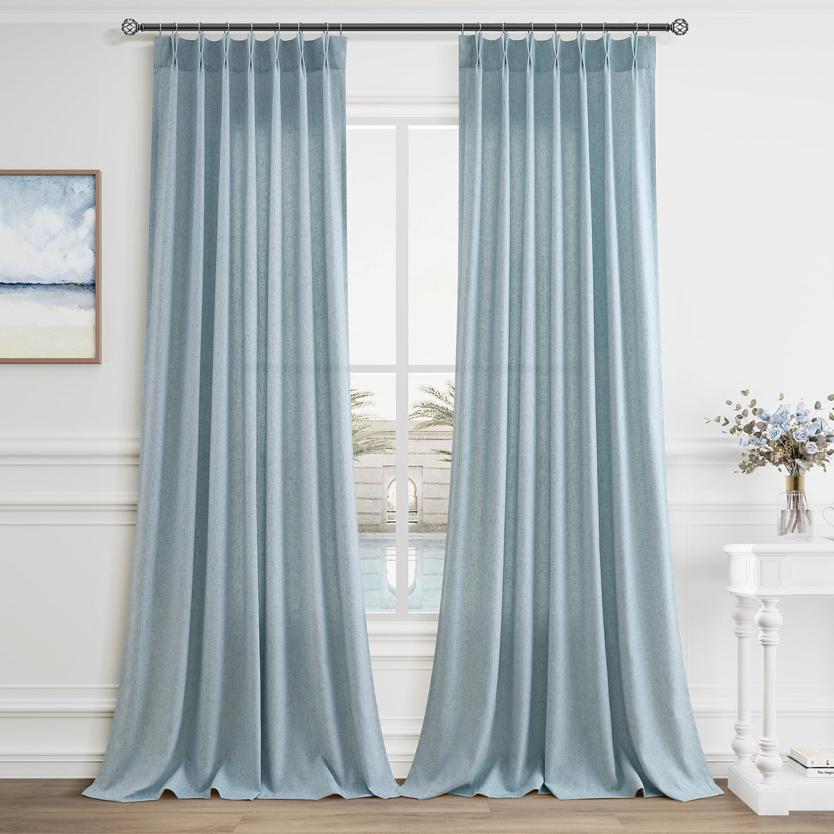 Aersas Linen Pinch Pleated Curtains 84 Inch Length 2 Panels Set for Living Room Cream Semi Sheer Window Curtain for Bedroom Boho Farmhouse Neutral Back Tab Drape Decor with Hooks, Natural Beige Ivory