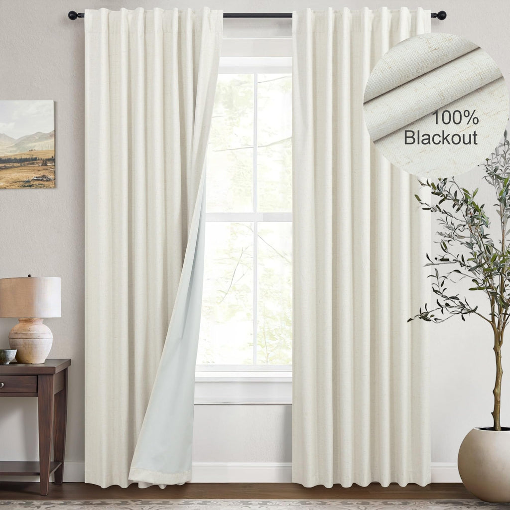 Natural Linen Back Tab Blackout Curtains & Drapes 96 Inch Long for Bedroom Livingroom Farmhouse Curtain 2 Panel Neutral Cute Black Out Room Darkening Thermal Insulated 8ft Pleated Window Curtain Cream