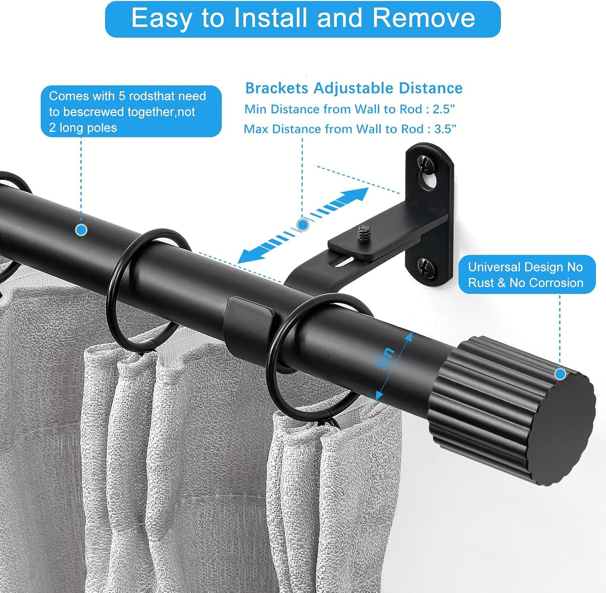 Curtain Rods 16-76", 1 Inch Adjustable Black Curtain Rod, 1 Pack