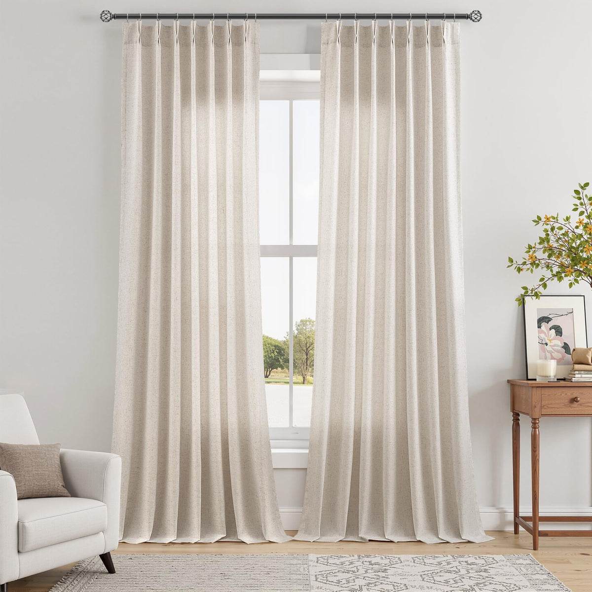 Aersas Linen Pinch Pleated Curtains 84 Inch Length 2 Panels Set for Living Room Cream Semi Sheer Window Curtain for Bedroom Boho Farmhouse Neutral Back Tab Drape Decor with Hooks, Natural Beige Ivory