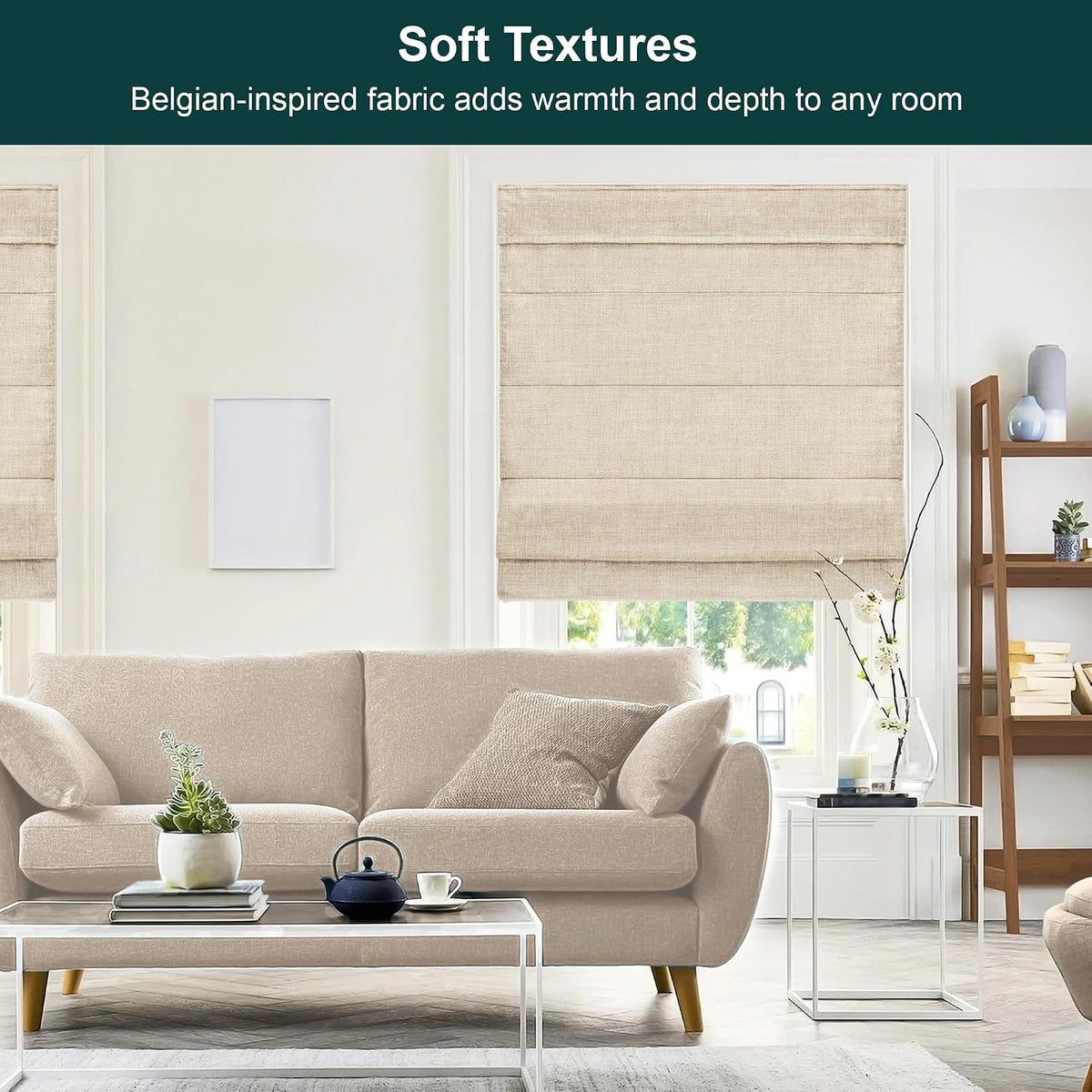 Chicology Cordless Roman Window Shade, Belgian Flax, 29"W x 64"H
