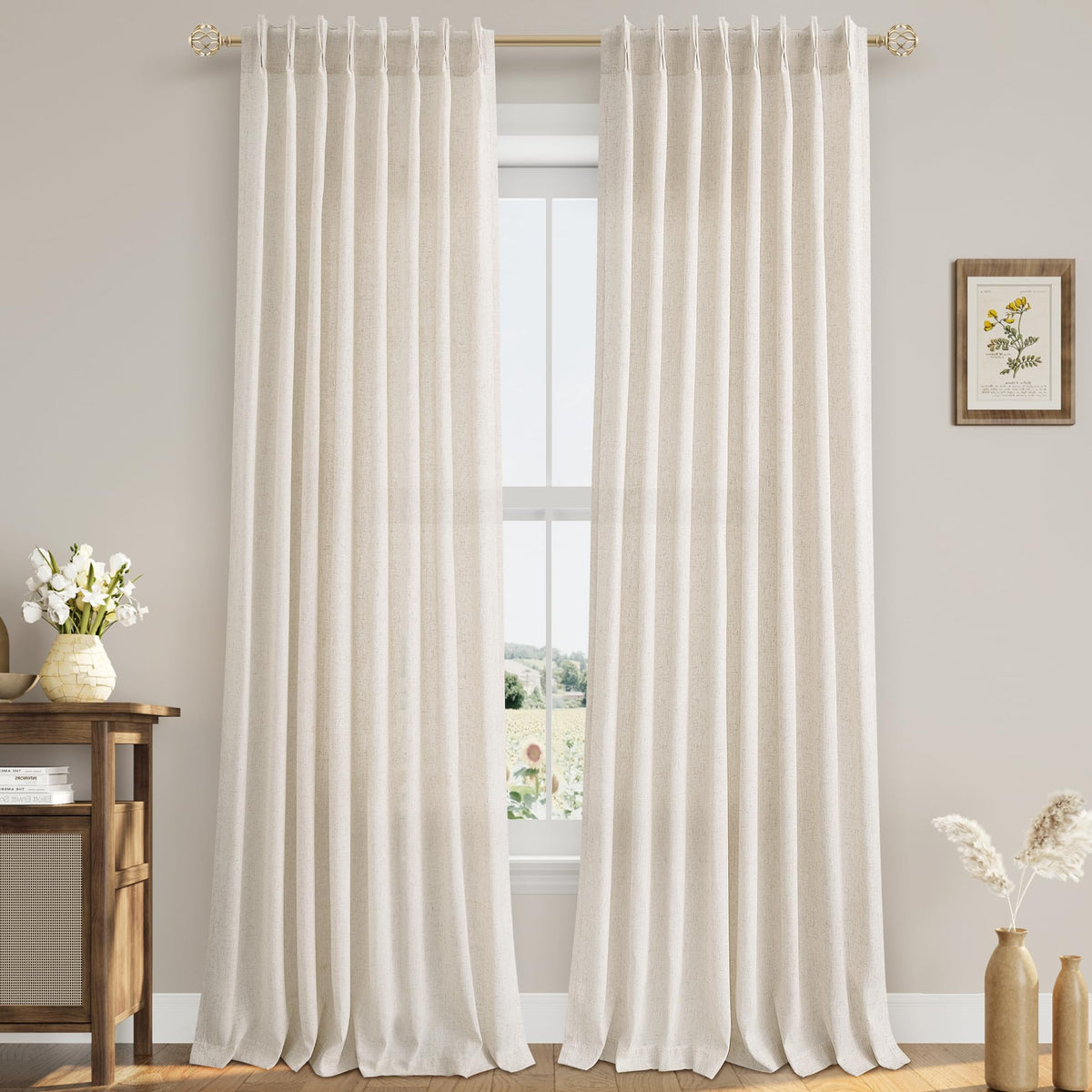 Aersas Linen Pinch Pleated Curtains 84 Inch Length 2 Panels Set for Living Room Cream Semi Sheer Window Curtain for Bedroom Boho Farmhouse Neutral Back Tab Drape Decor with Hooks, Natural Beige Ivory