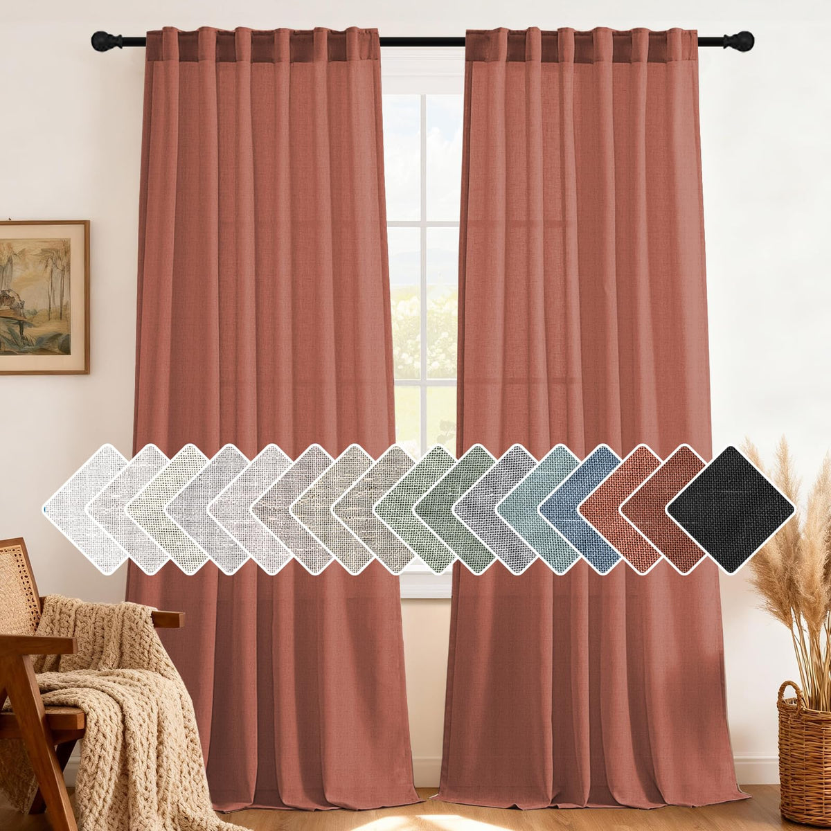 H.VERSAILTEX Natural Linen Grommet Curtains 84 Inch Length for Living Room 2 Panel Drape Semi Sheer Neutral Country Rustic Farmhouse Boho Curtain Bedroom Muslin Look Light Filtering, Heathered Natural