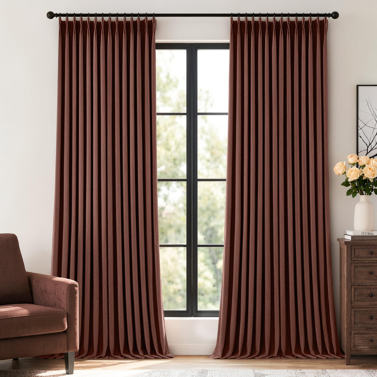 MIULEE Olive Green Pinch Pleated 100% Blackout Linen Curtains 40x108 Inches