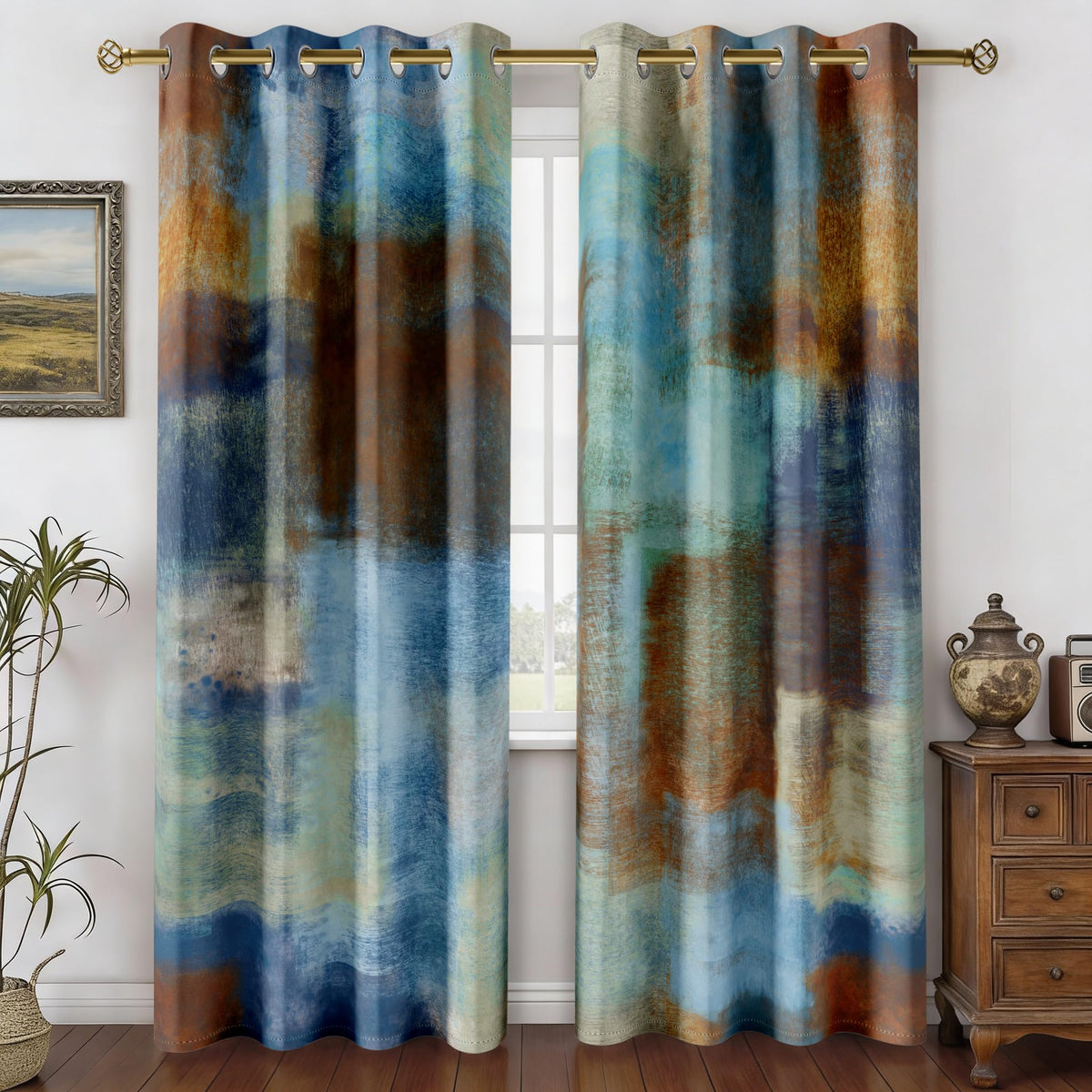 Burnt Orange Abstract Curtains for Living Room Bedroom, 52W x 84L, 2 Panels