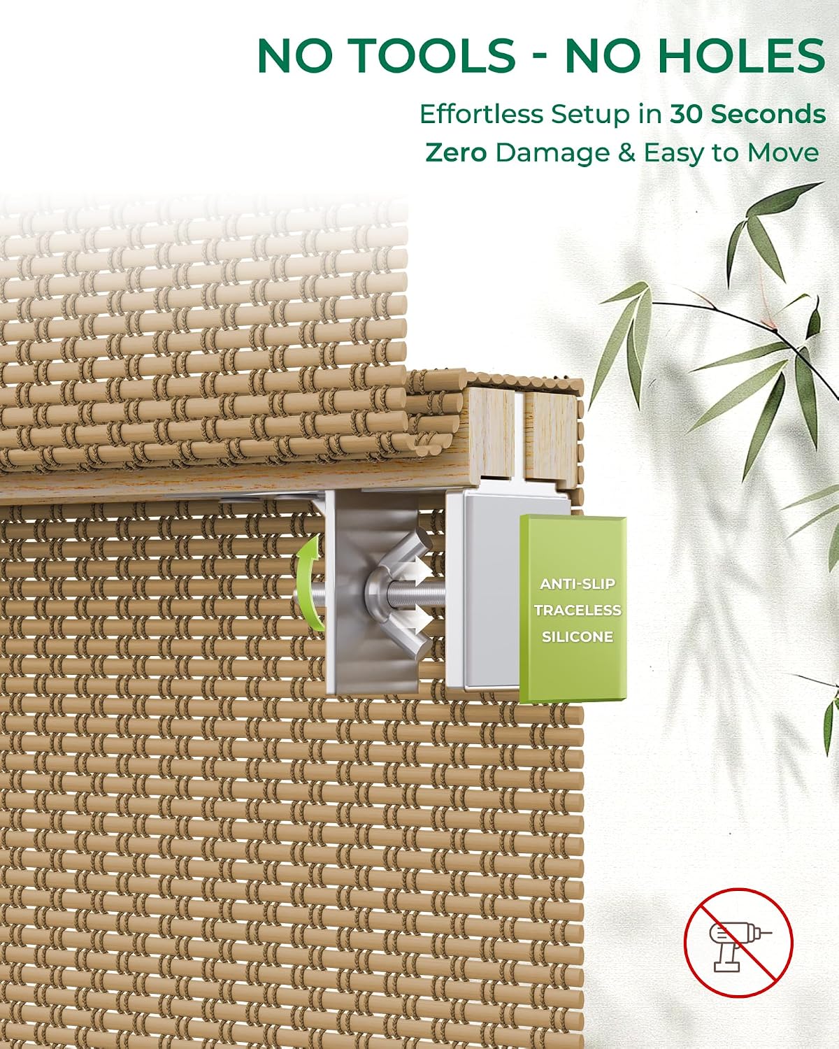 Allesin zen No Drill Cordless Bamboo Roman Shades, Light Filtering 34.5" W x 64" H, Brown