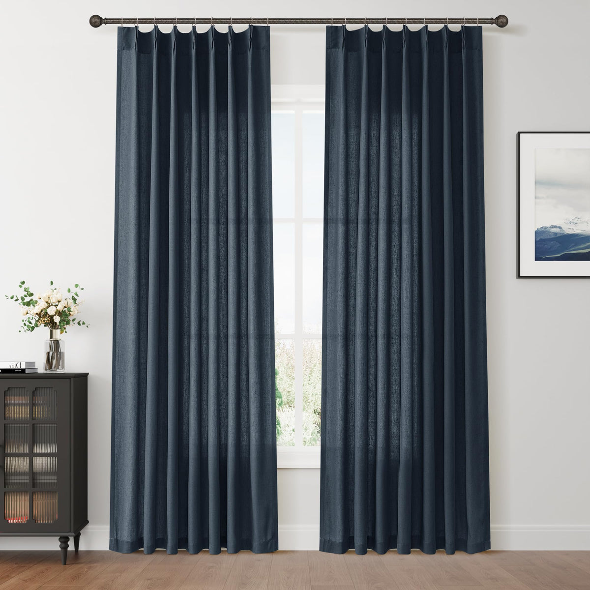 Aersas Linen Pinch Pleated Curtains 84 Inch Length 2 Panels Set for Living Room Cream Semi Sheer Window Curtain for Bedroom Boho Farmhouse Neutral Back Tab Drape Decor with Hooks, Natural Beige Ivory