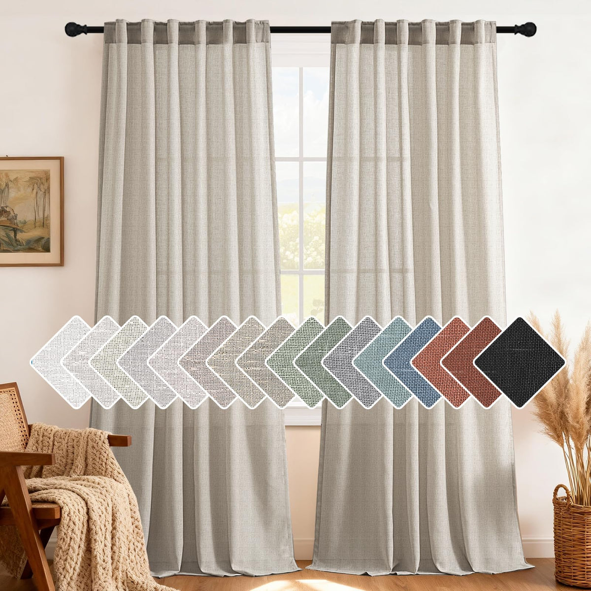 H.VERSAILTEX Natural Linen Grommet Curtains 84 Inch Length for Living Room 2 Panel Drape Semi Sheer Neutral Country Rustic Farmhouse Boho Curtain Bedroom Muslin Look Light Filtering, Heathered Natural
