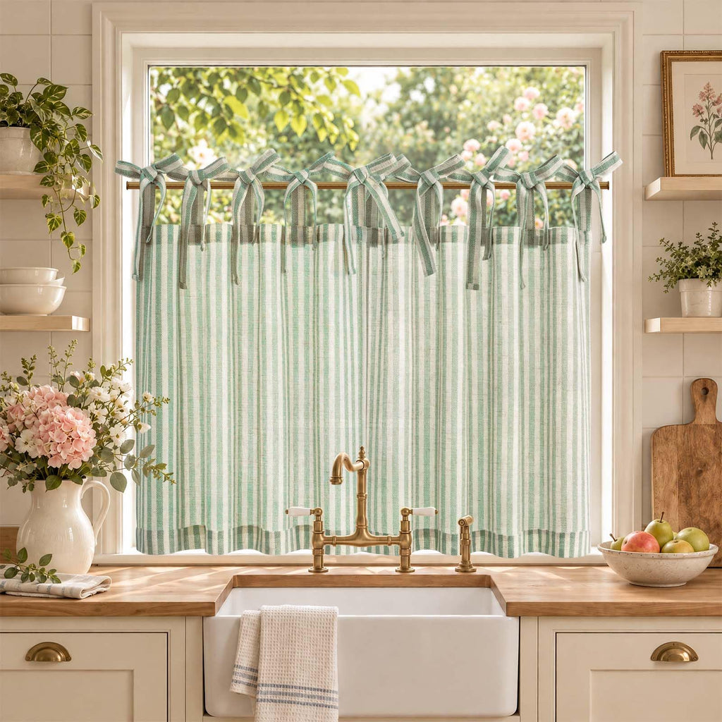 jinchan Striped Linen Kitchen Curtains 36 Inches Length Tier Curtains Farmhouse Modern Cafe Style Small Window Treatments Airy Light Filtering Rod Pocket for Living Room Bathroom 2 Panels Sage Green