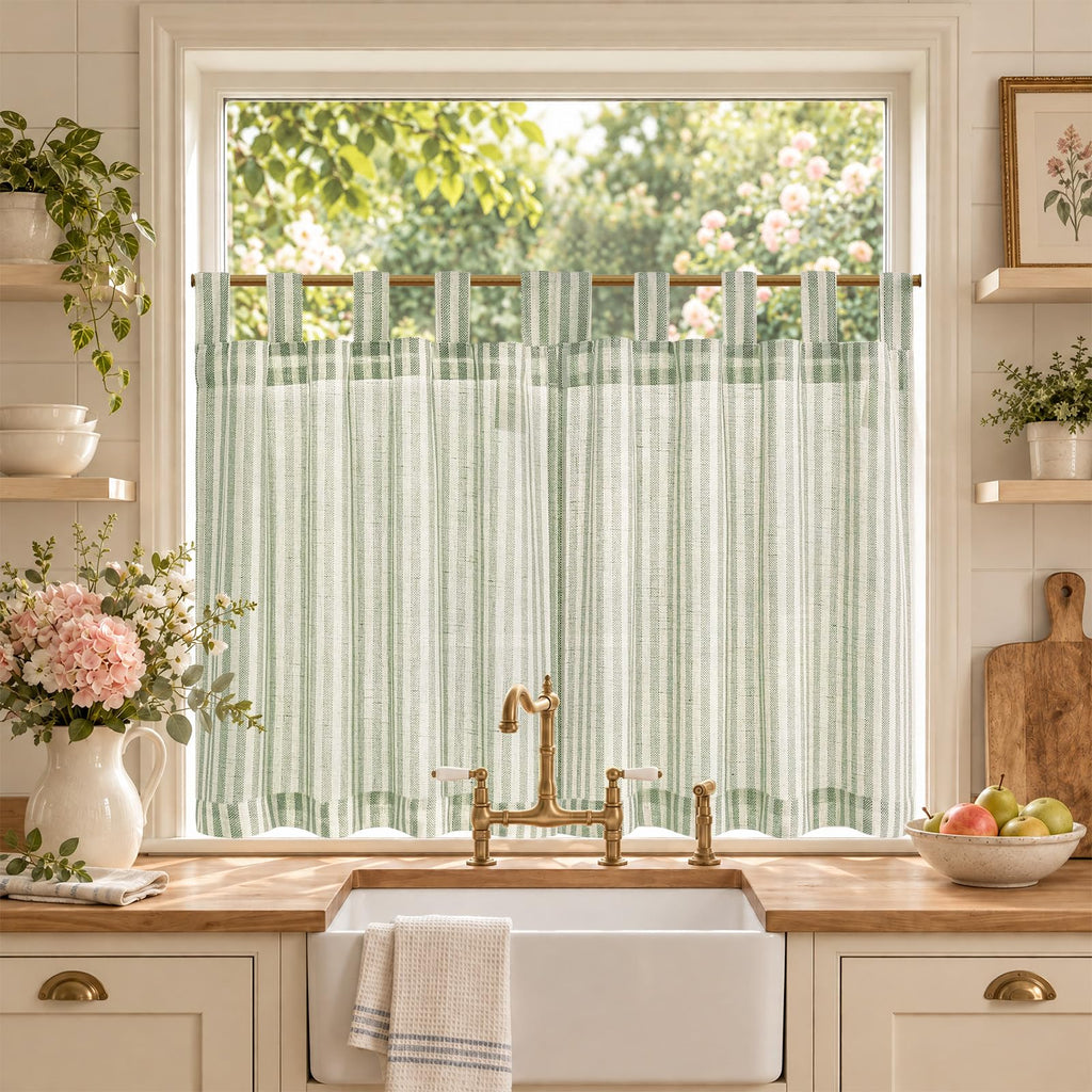 jinchan Striped Linen Kitchen Curtains 36 Inches Length Tier Curtains Farmhouse Modern Cafe Style Small Window Treatments Airy Light Filtering Rod Pocket for Living Room Bathroom 2 Panels Sage Green