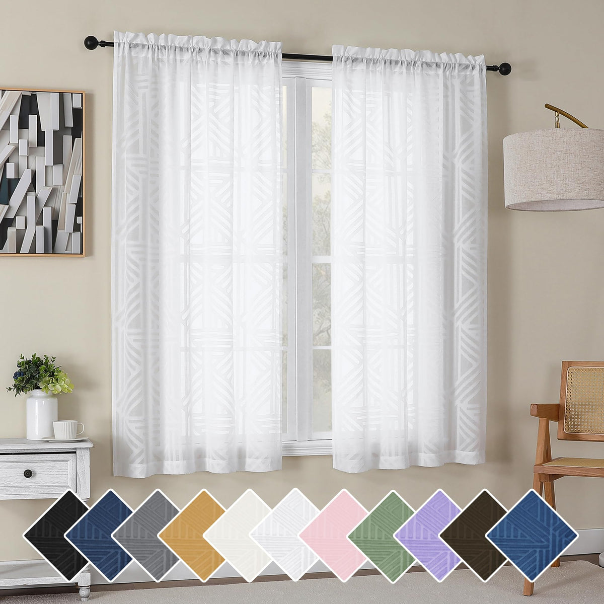 Simplebrand Dusty Blue Semi Sheer Curtains 45 Inch Length 2 Panels, Geometric Jacquard Clip Textured Short Sheer Curtains for Bedroom，Modern Elegant Window Curtains Drapes/Treatment Sheer，42x45 inch