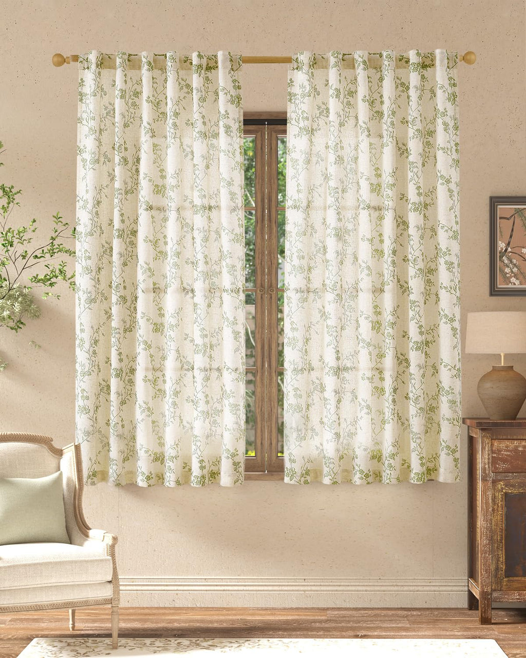 jinchan Taupe Floral Linen Curtains 84 Inch Farmhouse Back Tab 2 Panels