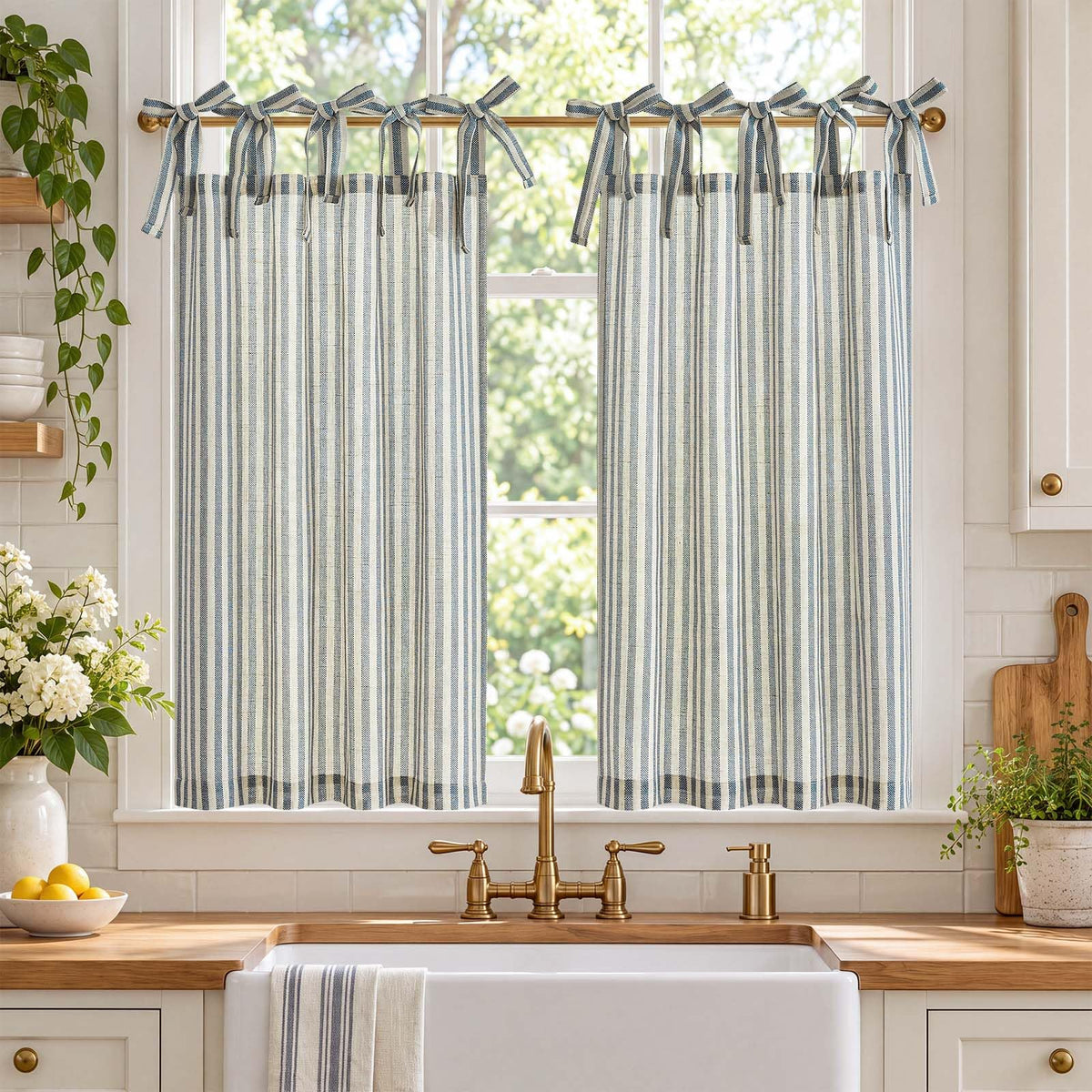 jinchan Striped Linen Kitchen Curtains 36 Inches Length Tier Curtains Farmhouse Modern Cafe Style Small Window Treatments Airy Light Filtering Rod Pocket for Living Room Bathroom 2 Panels Sage Green